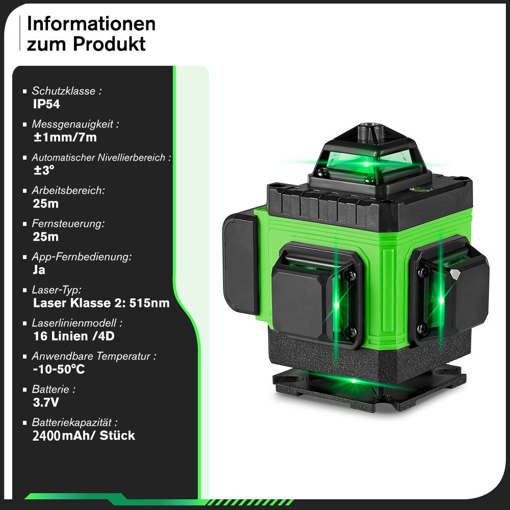 Ein grünes Laser-Niveau mit Textbeschriftungen und einem grünen Hintergrund mit Produktinformationen.