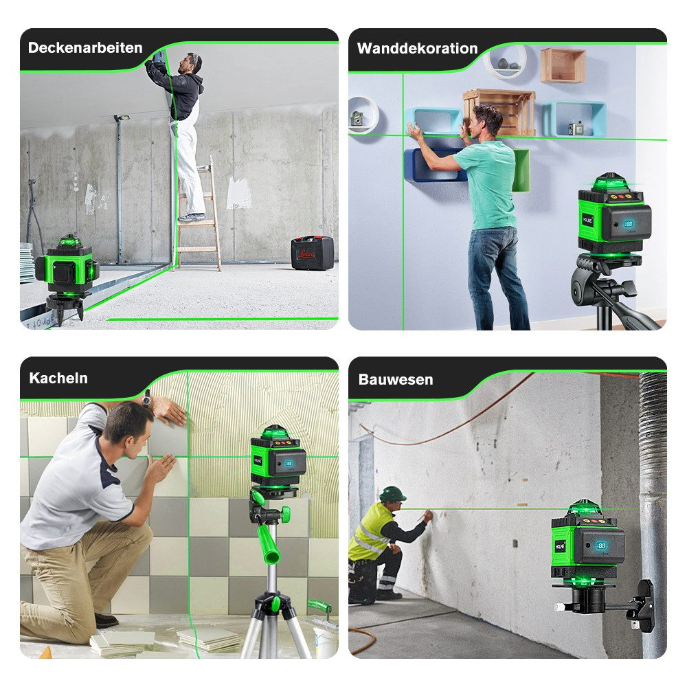Vier Bilder, die ein grünes Laser-Niveau bei der Decken-, Wand-, Fliesen- und Bauarbeit zeigen.