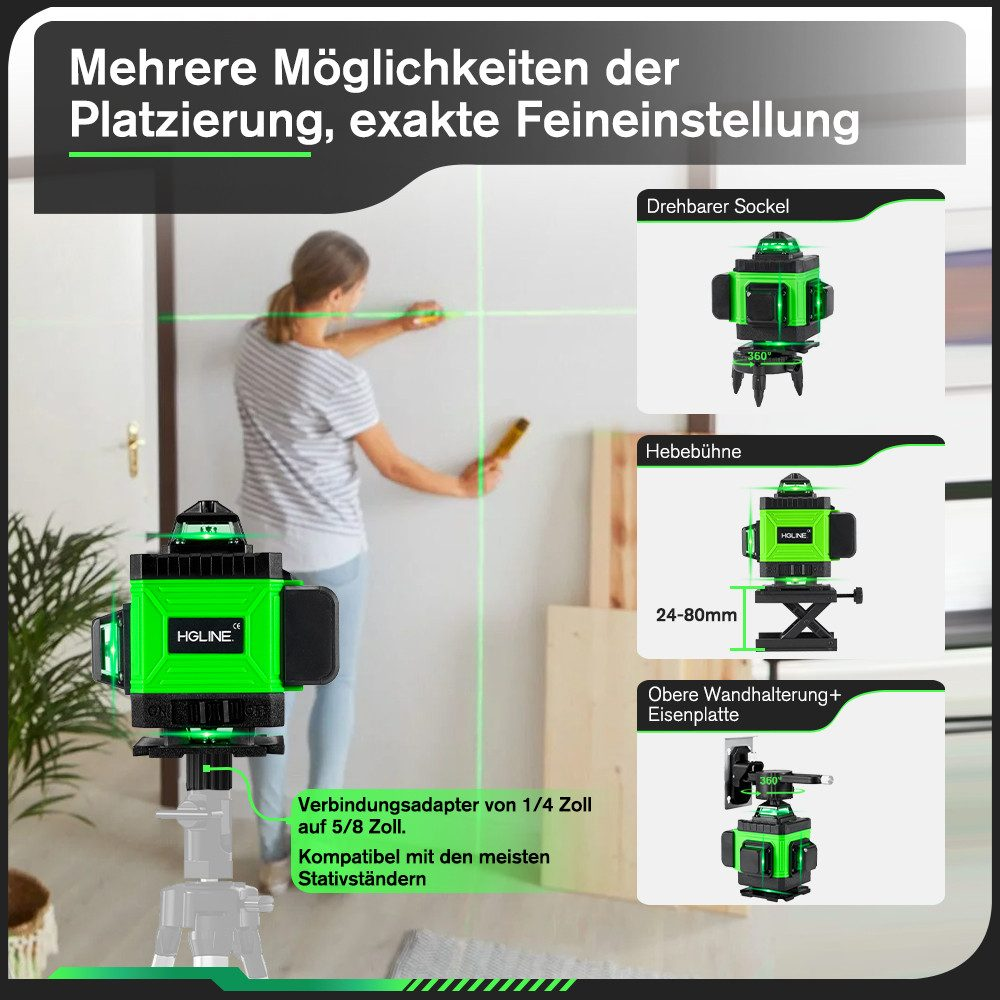 Eine Frau, die ein grünes Laser-Niveau verwendet, mit Diagrammen, die Einrichtungsoptionen zeigen.