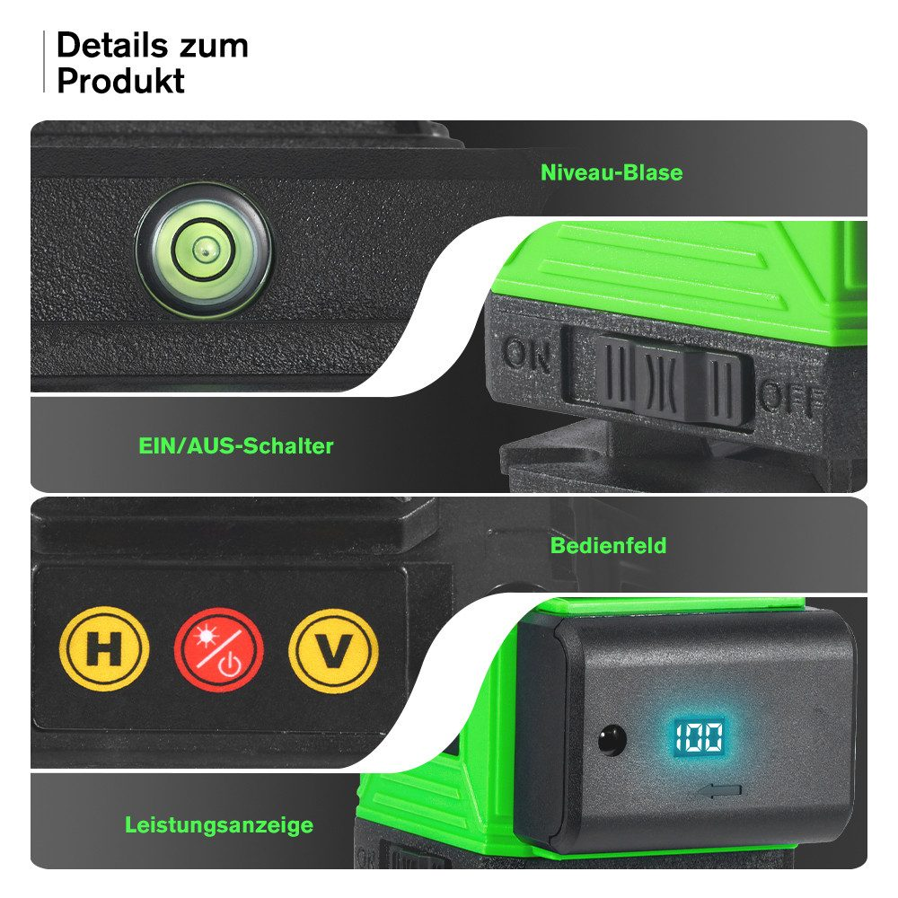 Nahaufnahmen von Details eines grünen Laser-Niveaus, einschließlich Leistungsanzeige, Wasserwaage und Bedientasten.