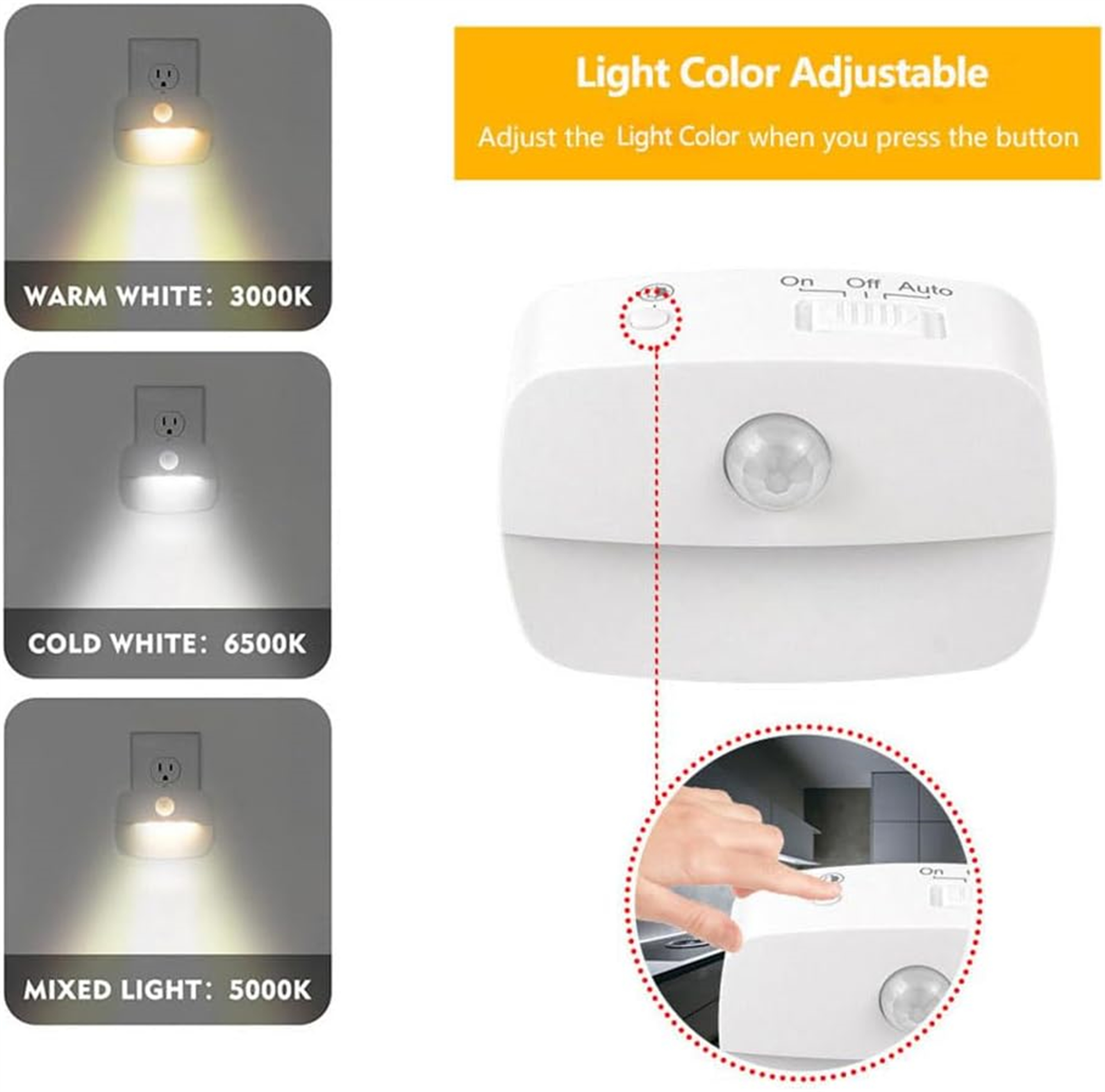 Weißes Nachtlicht mit einstellbaren Lichtfarboptionen: warmweiß, kaltweiß und Mischlicht.
