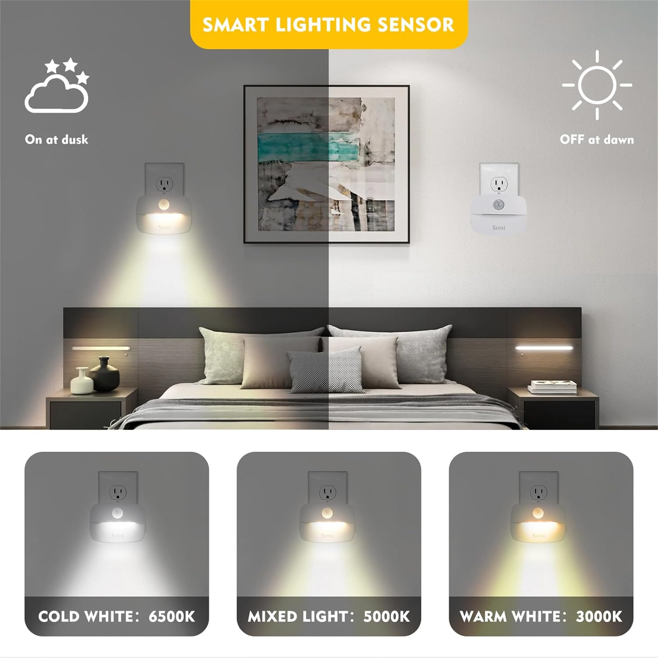Schlafzimmer-Szene mit intelligentem Nachtlicht und drei Beleuchtungsmodi.