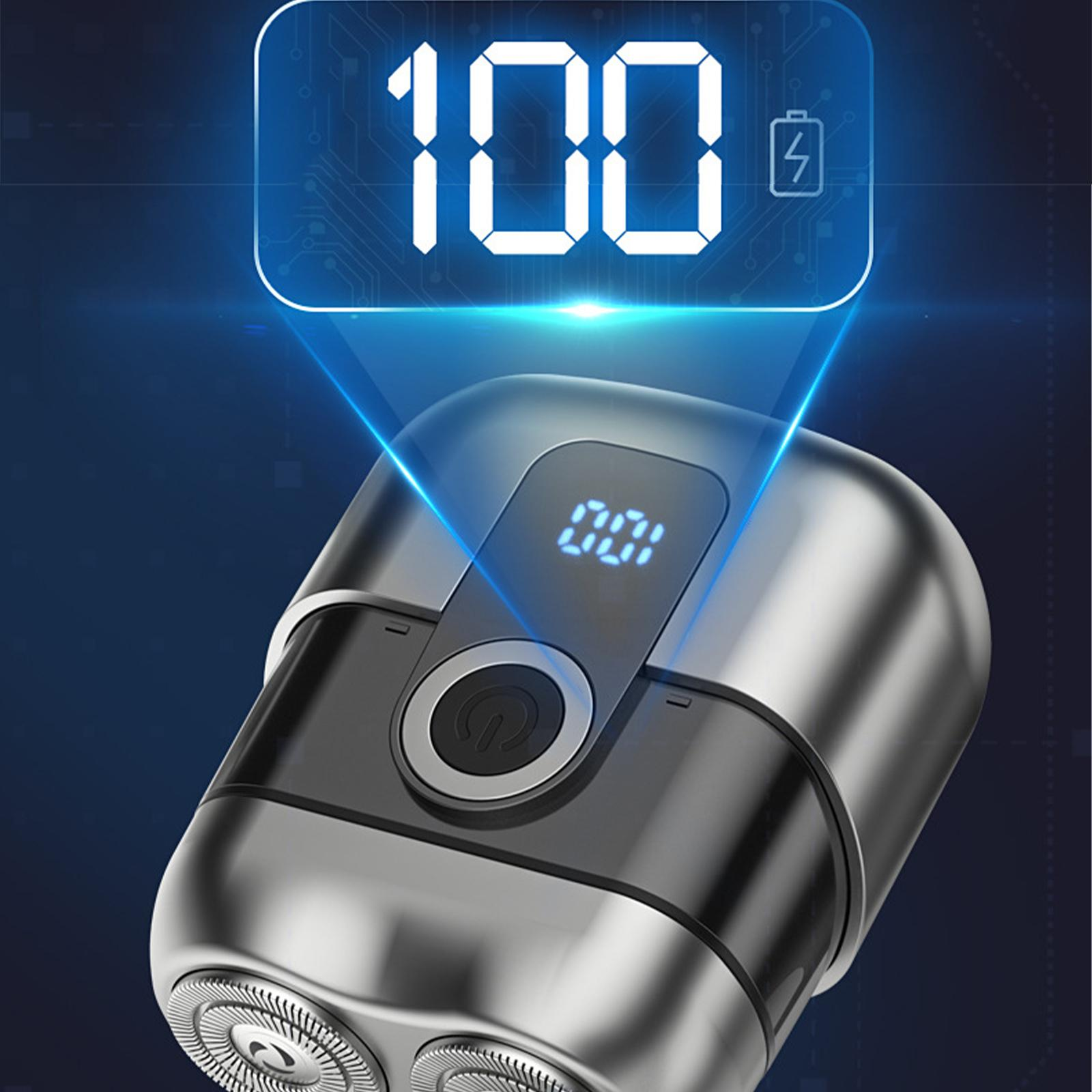 Nahaufnahme eines silbernen Elektrorasierers mit Digitalanzeige 100%.