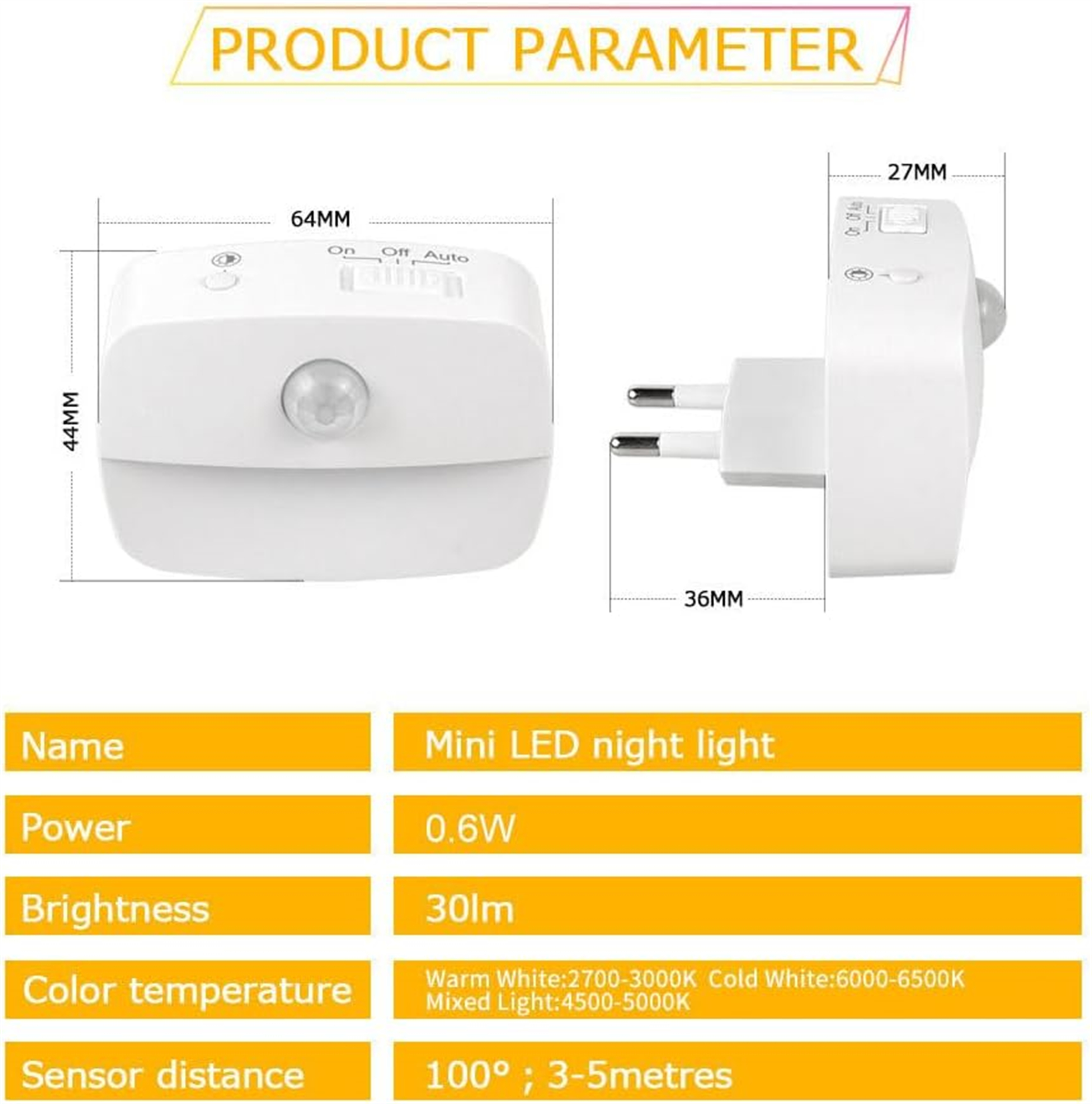 Produktdetails eines Mini-LED-Nachtlichts.