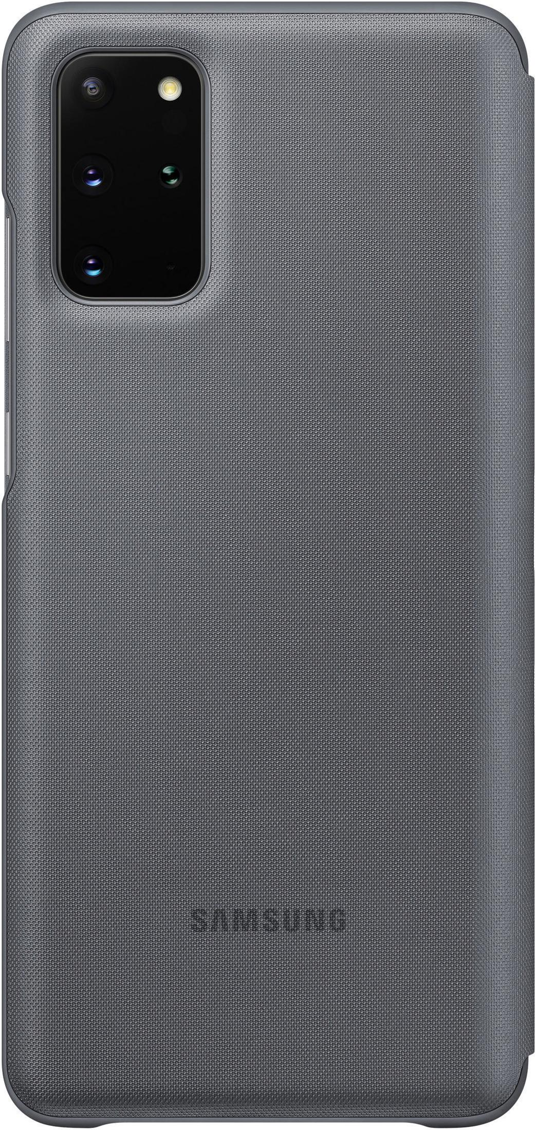 Custodia per telefono grigio scuro con tre fotocamere, marchiata Samsung.