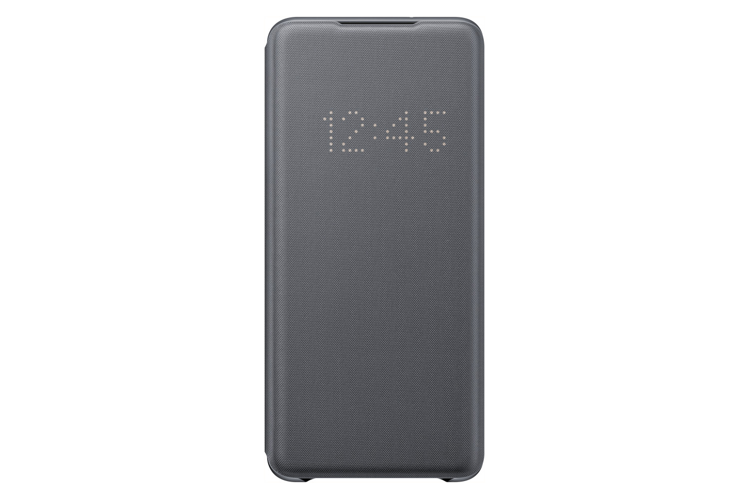 Primo piano di una custodia per telefono grigio scuro con display digitale dell'ora.