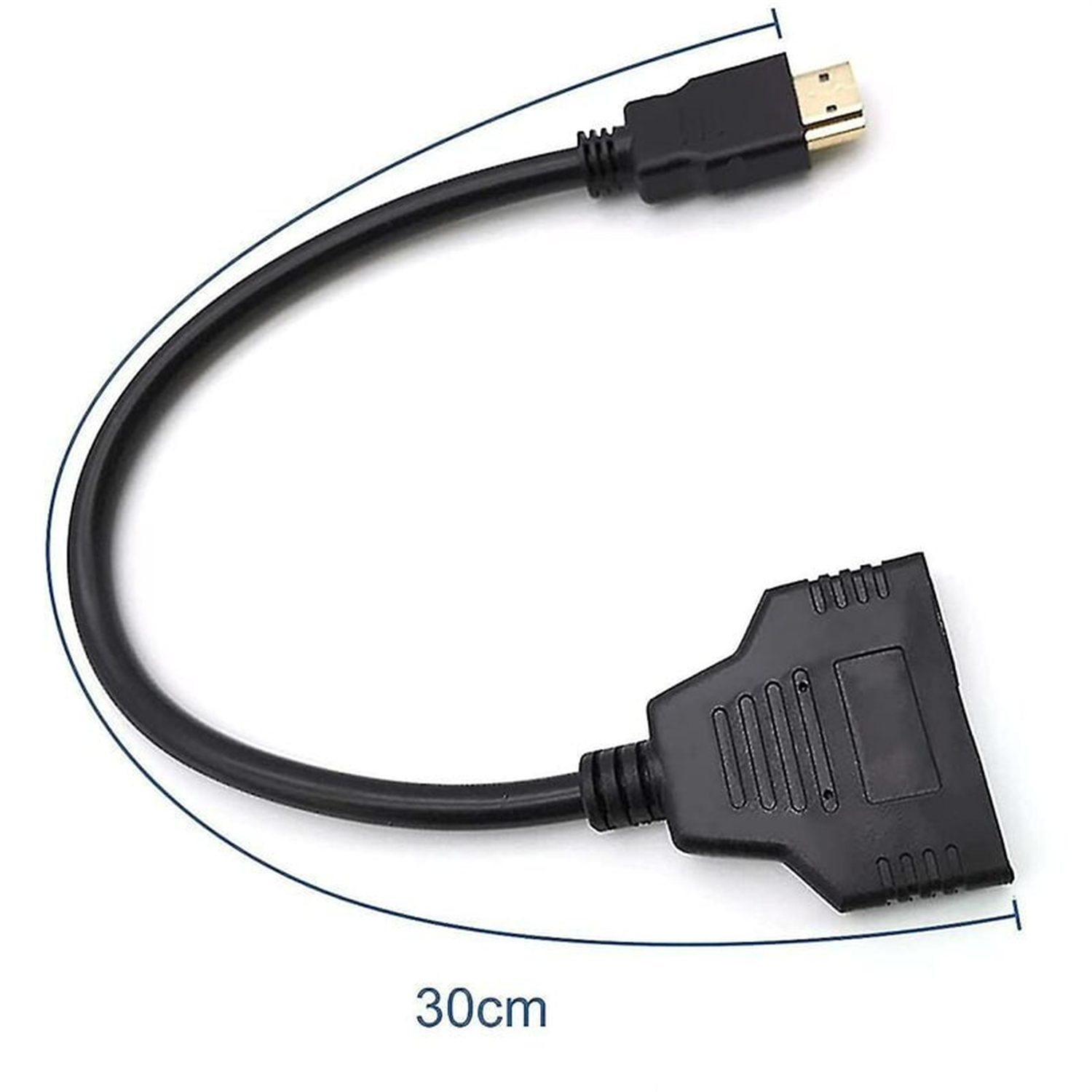 Ein schwarzes HDMI-Splitterkabel mit einer Messung von 30 cm. Das Kabel hat einen HDMI-Eingang und zwei Ausgänge.