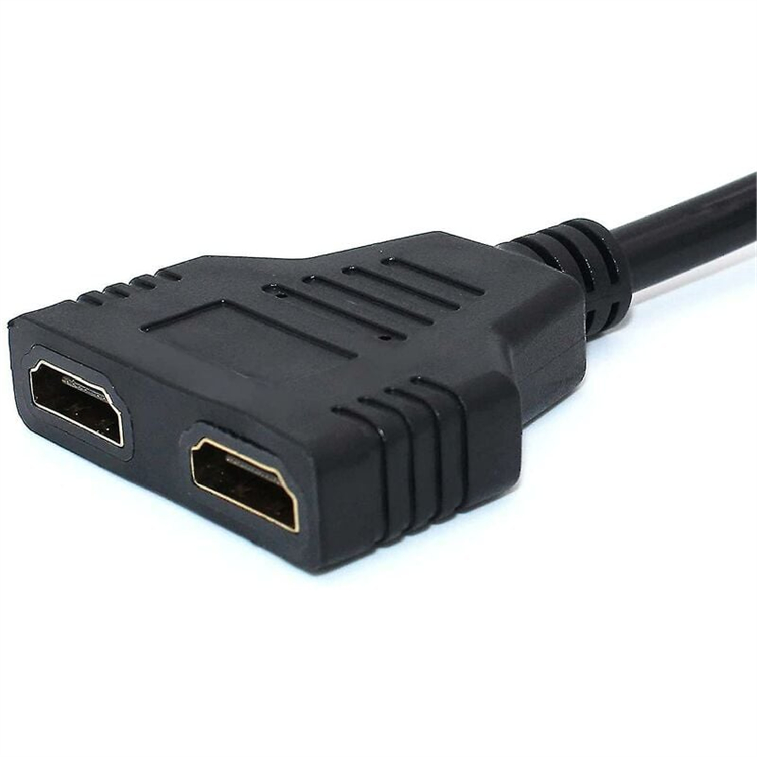 Schwarzer HDMI-Splitter mit zwei HDMI-Anschlüssen und einem schwarzen Kabel.