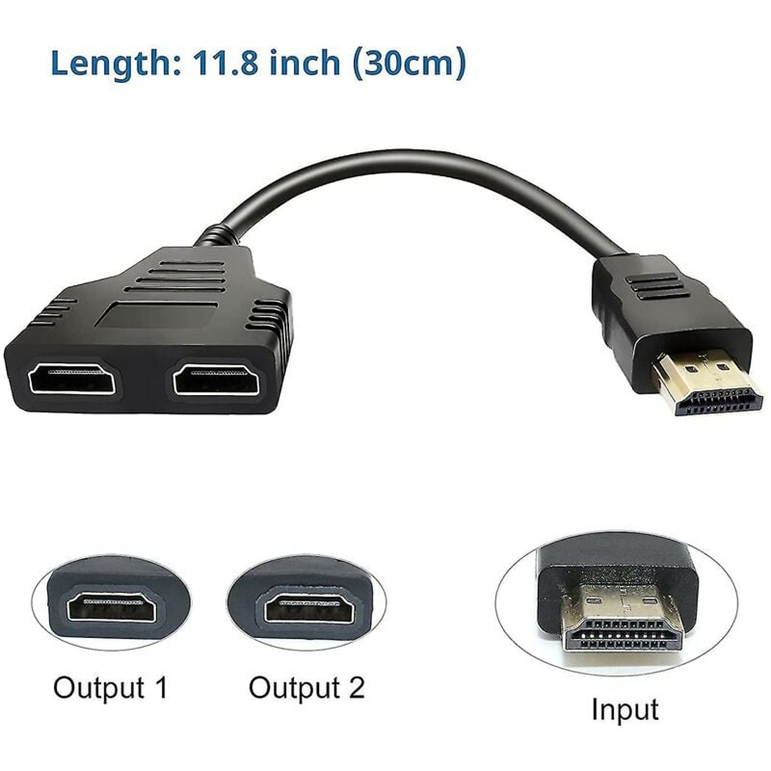 Ein HDMI-Splitter mit zwei Ausgängen und einem Eingang, zusammen mit Diagrammen angeschlossener Geräte.
