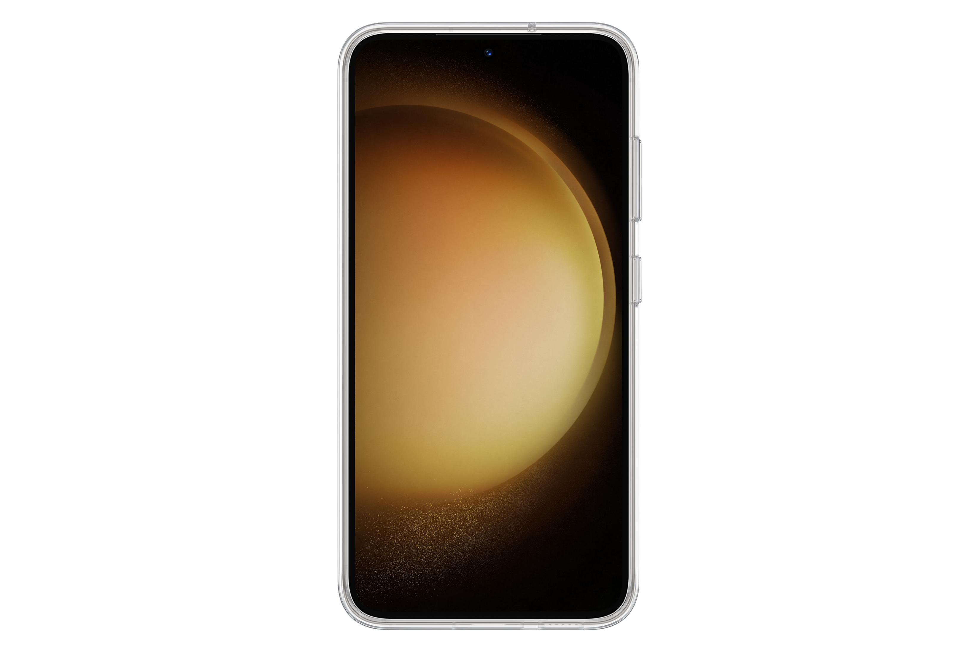 Uno smartphone con schermo acceso, che mostra una sfumatura dorata. Il telefono è in una custodia trasparente.