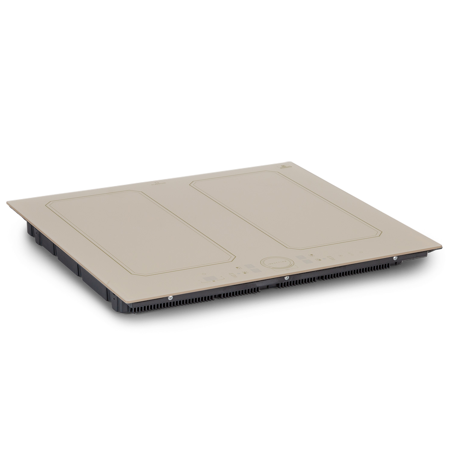 Ein Induktionskochfeld in Beige mit zwei Kochzonen und einem schwarzen Rand, von oben gesehen.