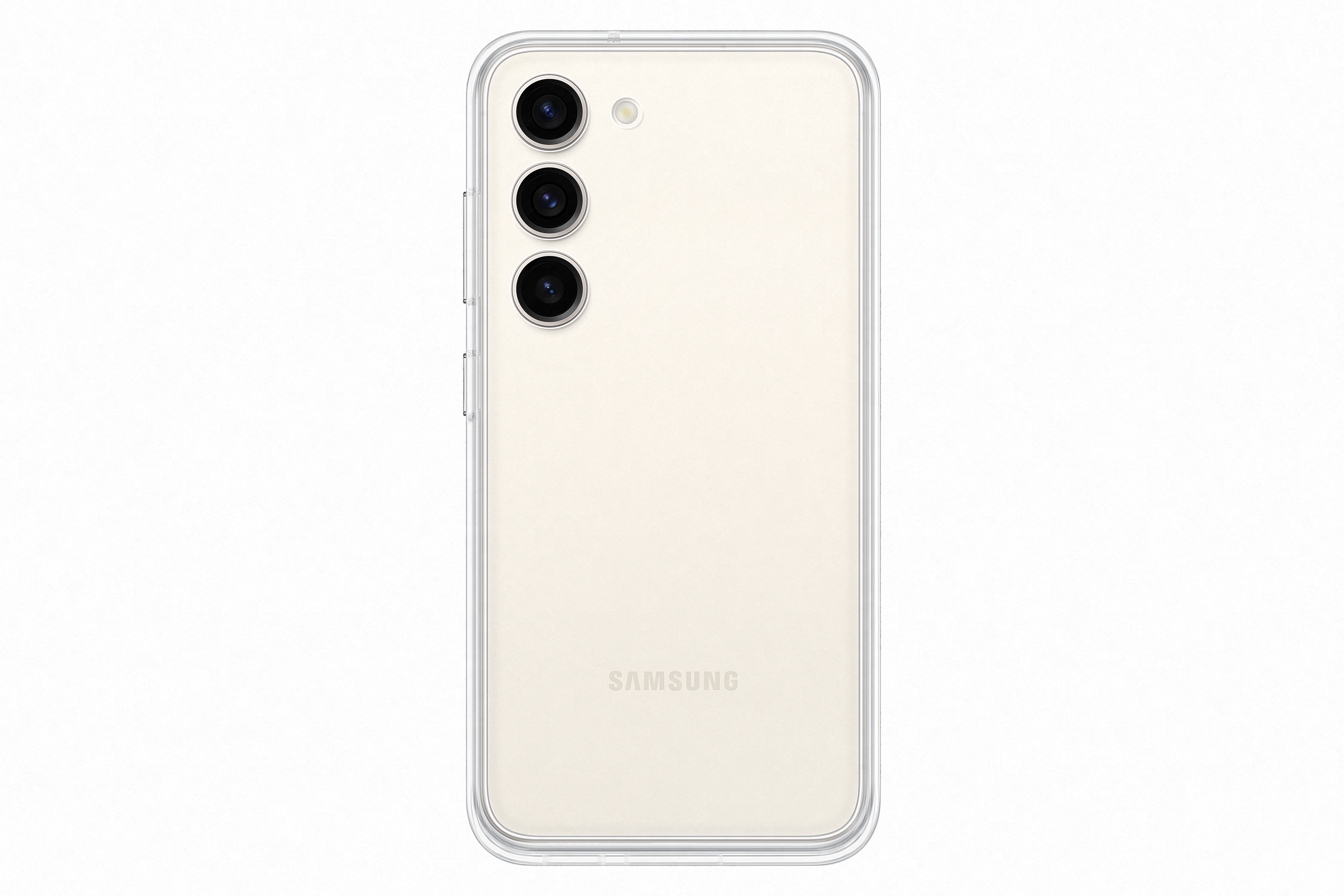 Retro di un telefono bianco con custodia trasparente. Sono visibili tre obiettivi e il logo Samsung.