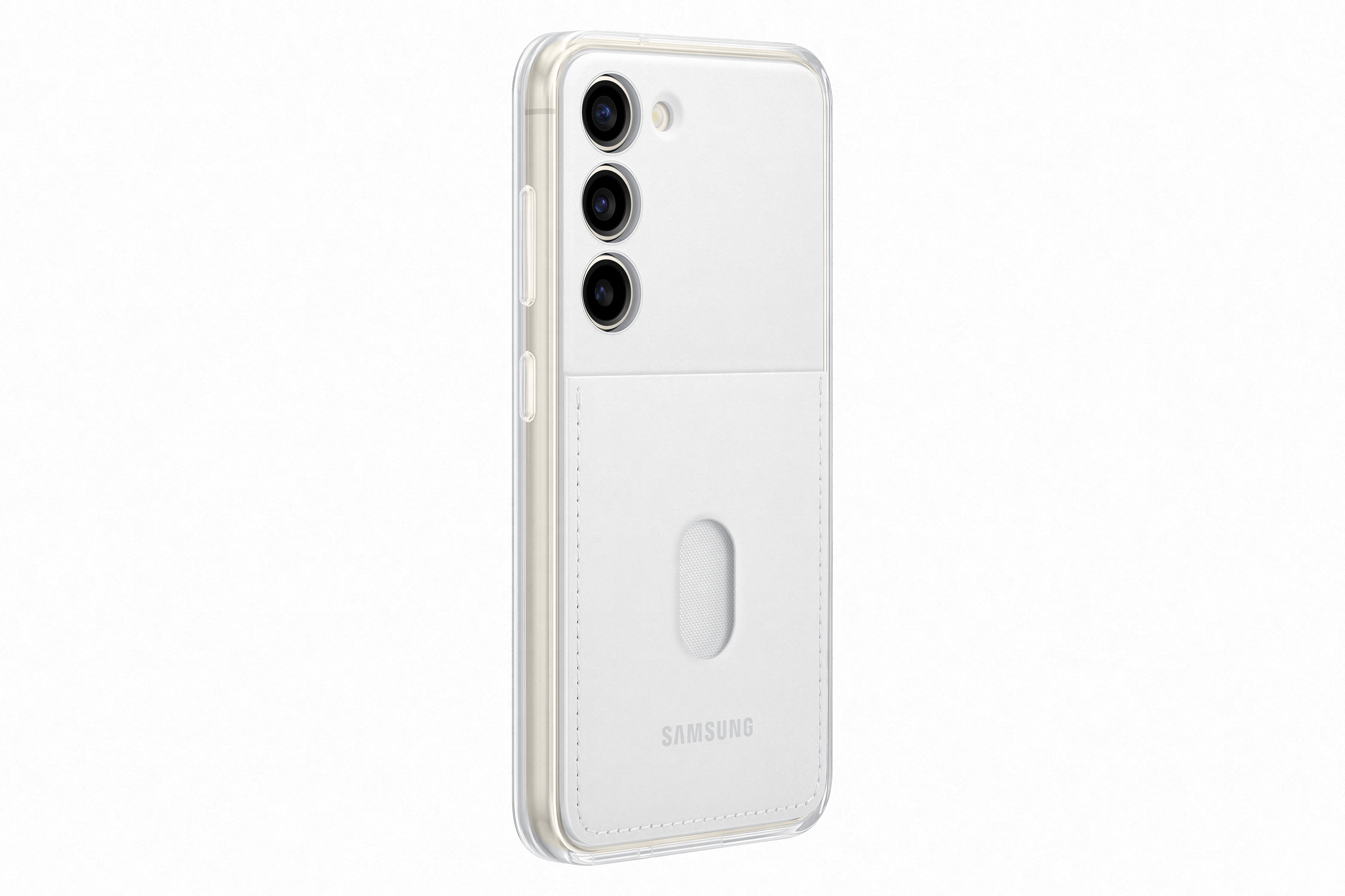 Custodia bianca per telefono con porta carte sul retro. Il logo Samsung è visibile.