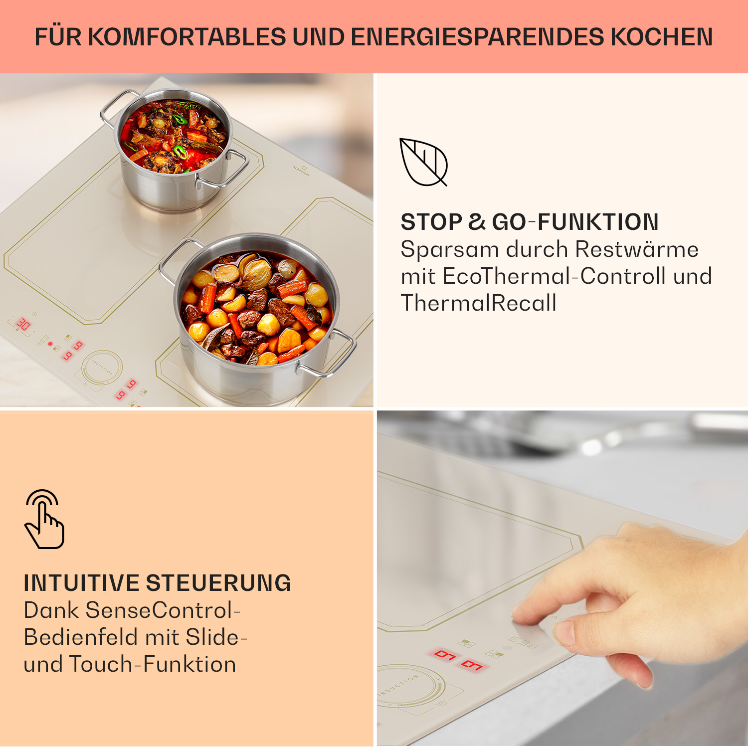 Induktionskochfeld mit zwei Töpfen, einer Hand und Text über Funktionen und Bedienelemente.