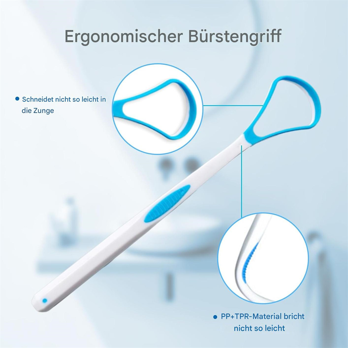 Ein blau-weißer Zungenschaber, der den Griff und die Reinigungs-Kante zeigt.