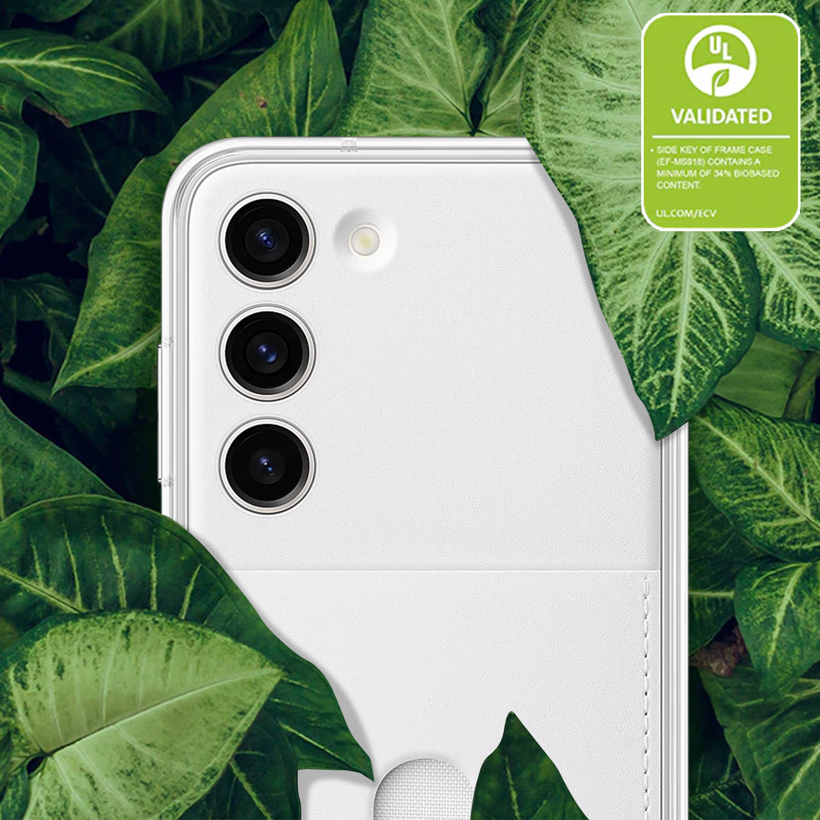 Custodia bianca per telefono con ritagli per fotocamera e sfondo di foglie verdi, con etichetta di validazione.