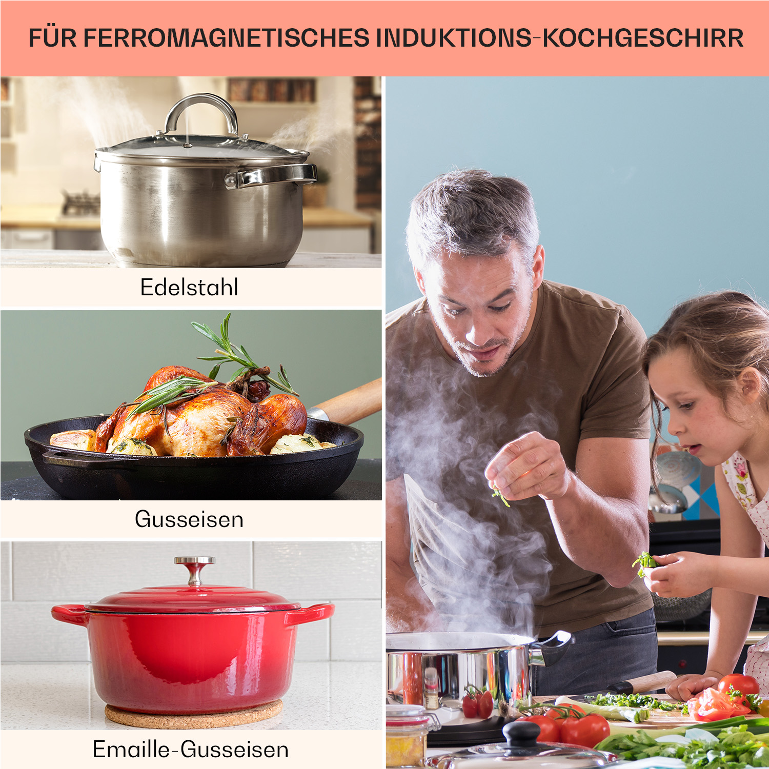 Leute kochen mit verschiedenen Kochgeschirren: Edelstahlkochtopf, Gusseisen und rotem emailliertem Gusseisen.