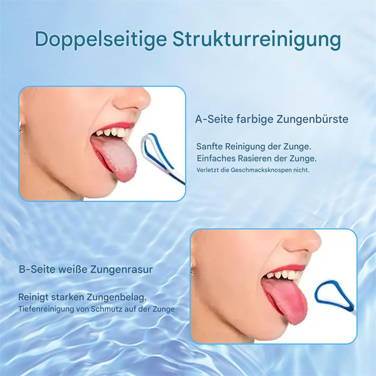 Diagramm, das die Zungenreinigung mit einem Zungenschaber zeigt. Zwei Bilder der Zunge einer Person.
