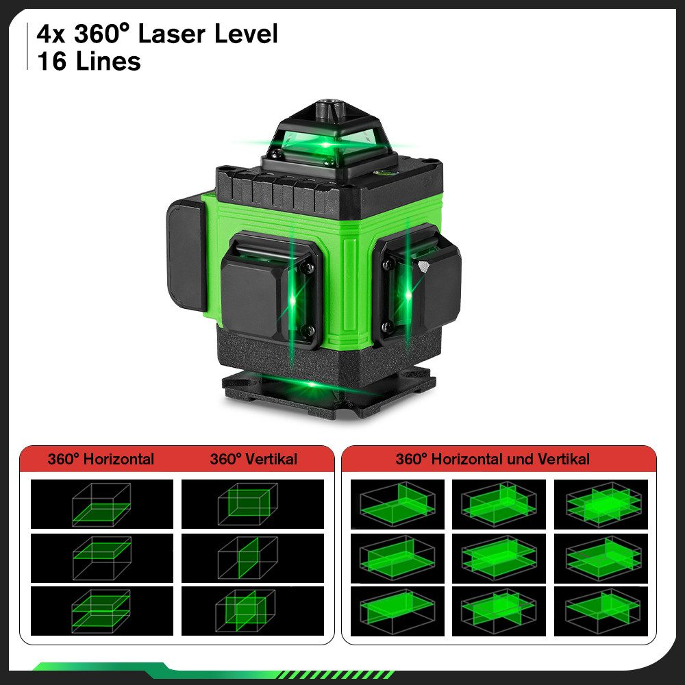 Ein grünes und schwarzes Laser-Nivelliergerät mit Diagrammen. Der Text lautet: '4x 360° Laser Level 16 Lines'.