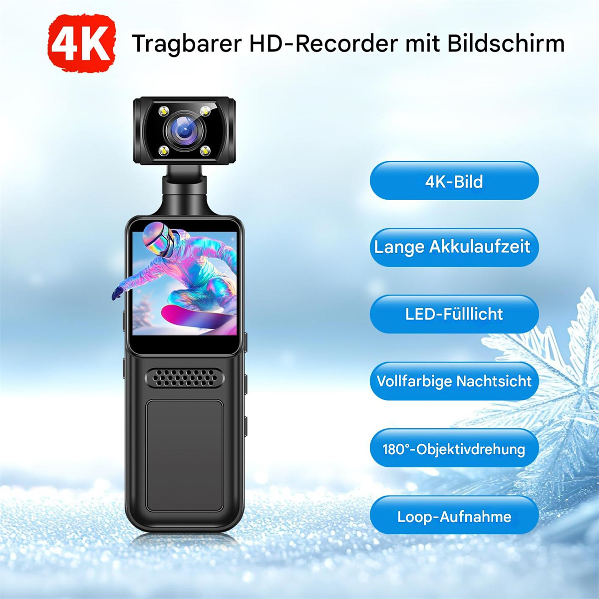Ein tragbarer schwarzer Videorekorder mit Bildschirm und Textbeschreibungen. Der Bildschirm zeigt Funktionen.