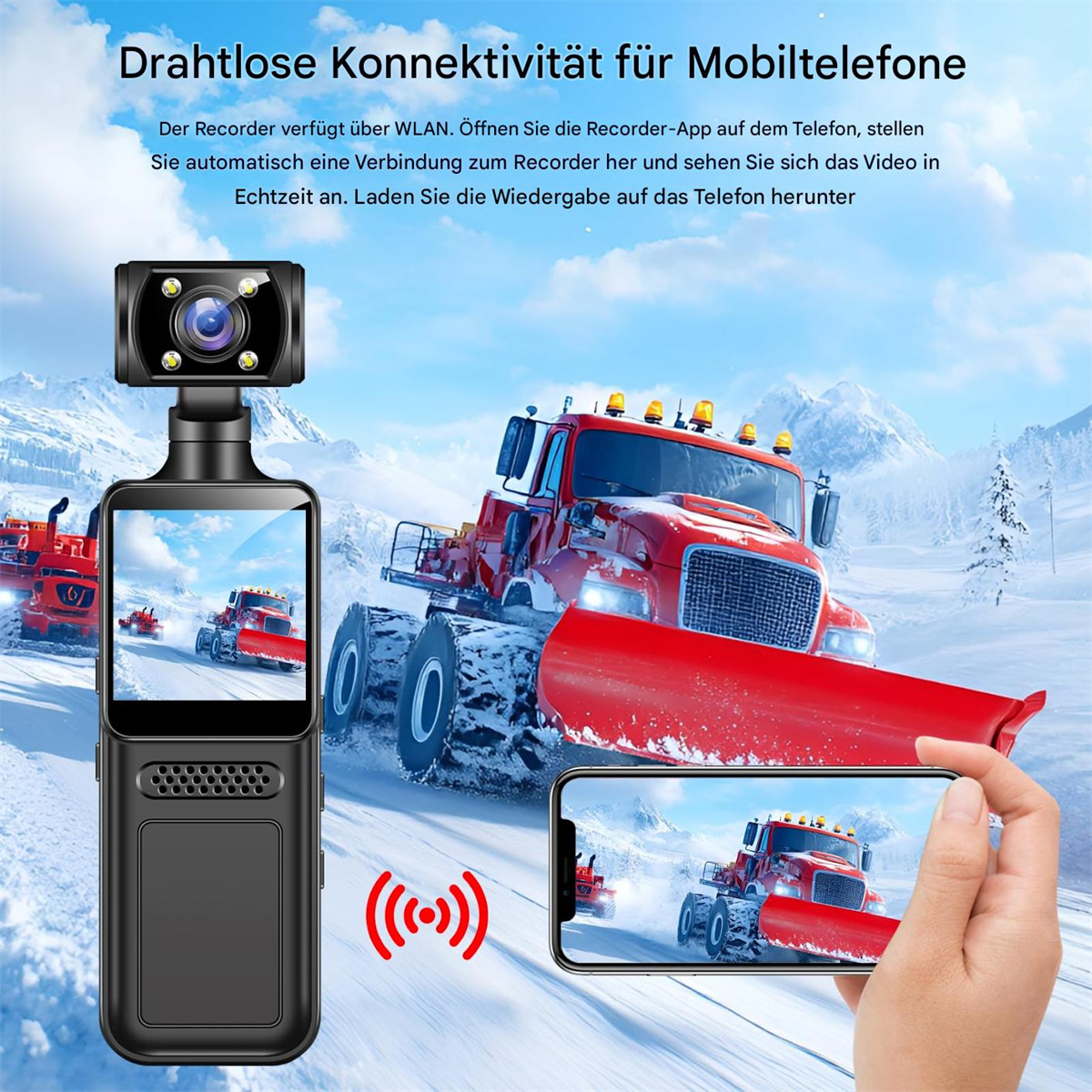 Schwarzer Hand-Videorekorder mit Bildschirm, der Lastwagen auf schneebedeckter Straße zeigt.