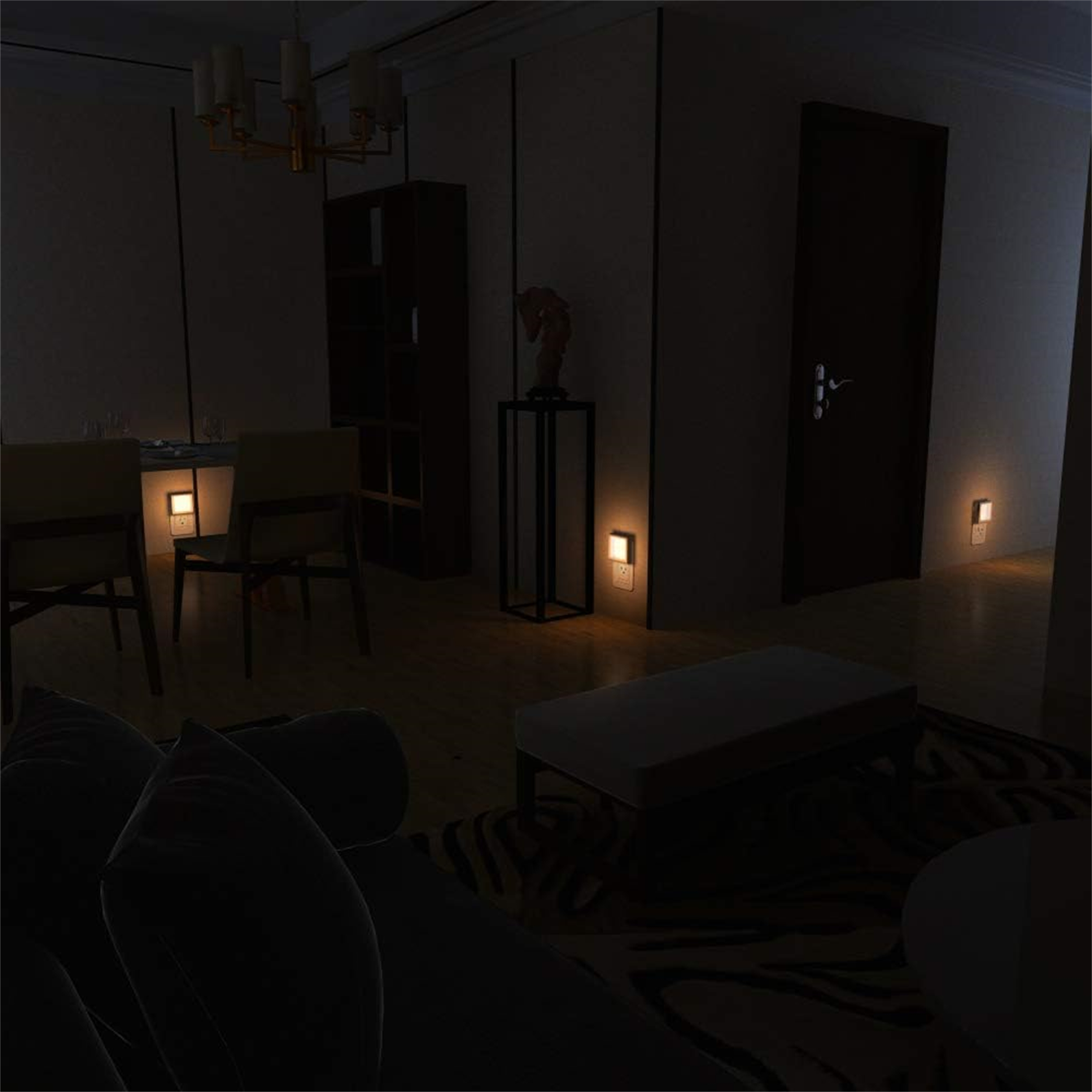 Ein Wohnzimmer mit Nachtlicht, schwach beleuchtet, mit Möbeln.