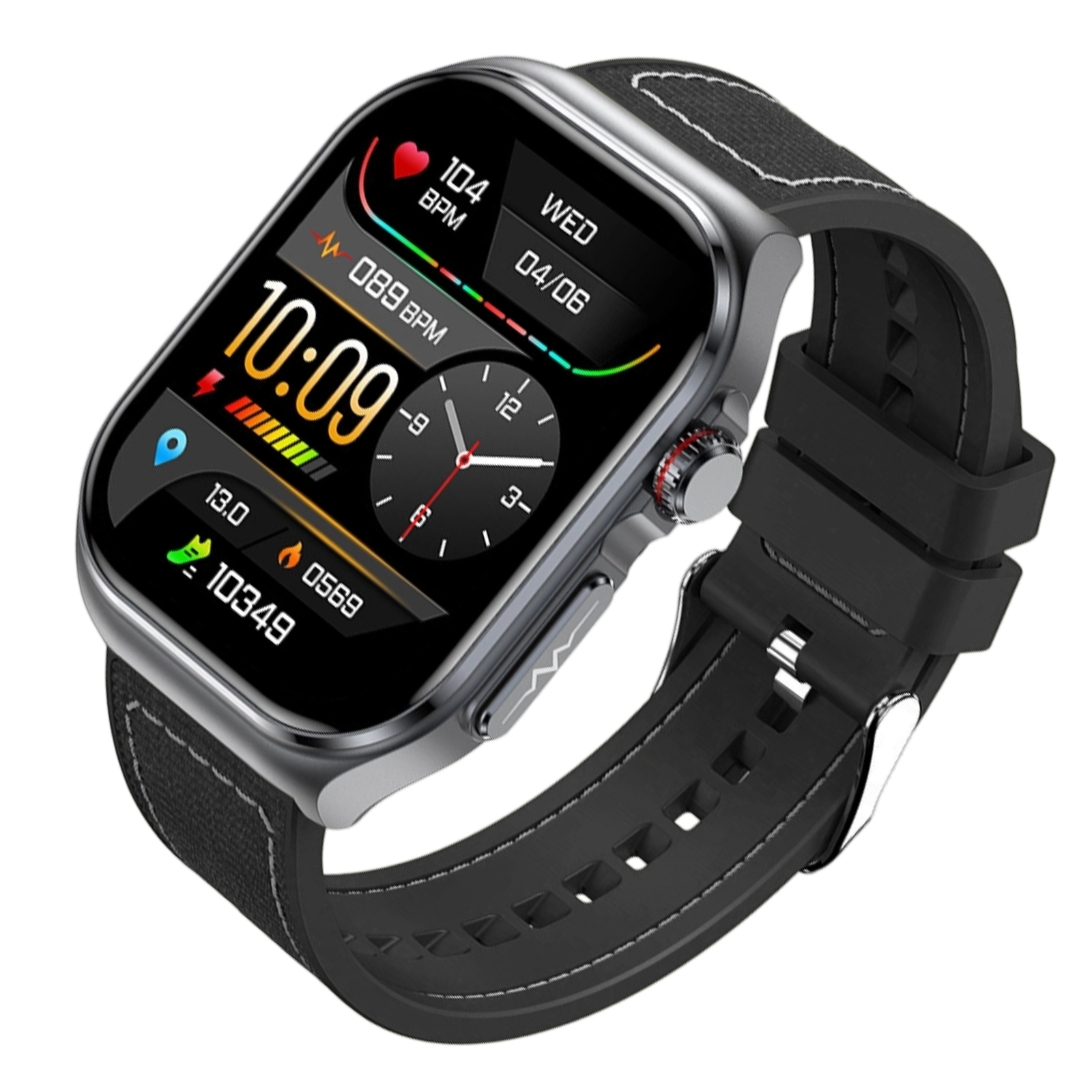 Eine Smartwatch mit schwarzem Armband, die Zeit, Gesundheitsdaten und Kalender anzeigt.