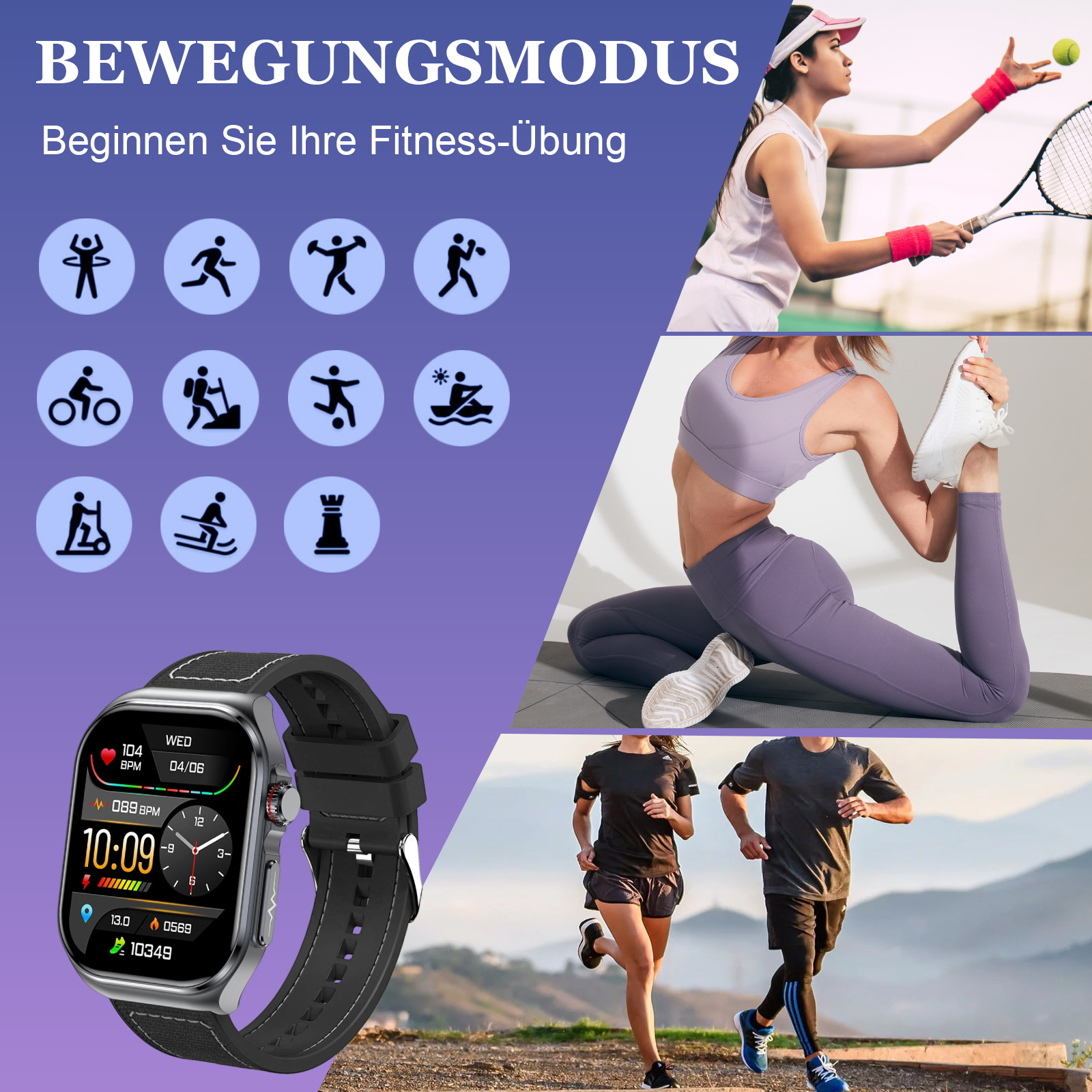 Eine Smartwatch, die Zeit, Gesundheitsdaten und Trainingsoptionen mit verschiedenen Fitnessaktivitäten anzeigt.