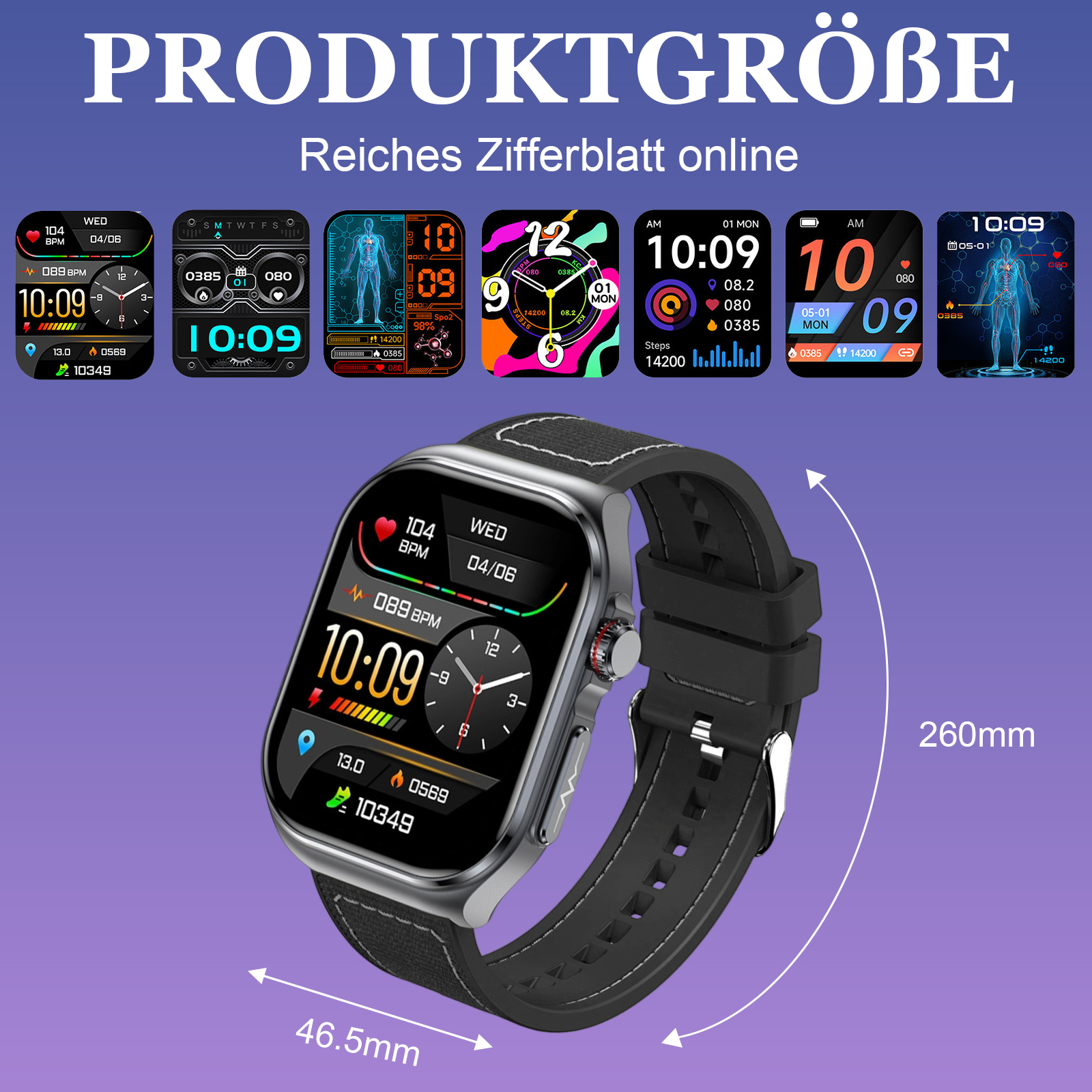 Eine Smartwatch mit schwarzem Armband und mehrere Zifferblätter mit Messungen werden angezeigt.