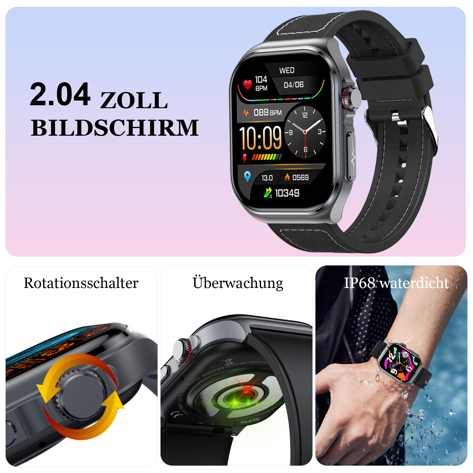 Die Uhr mit schwarzem Armband und drei kleineren Bildern, die Bildschirm, Drehung und Wasserdichtigkeit zeigen.