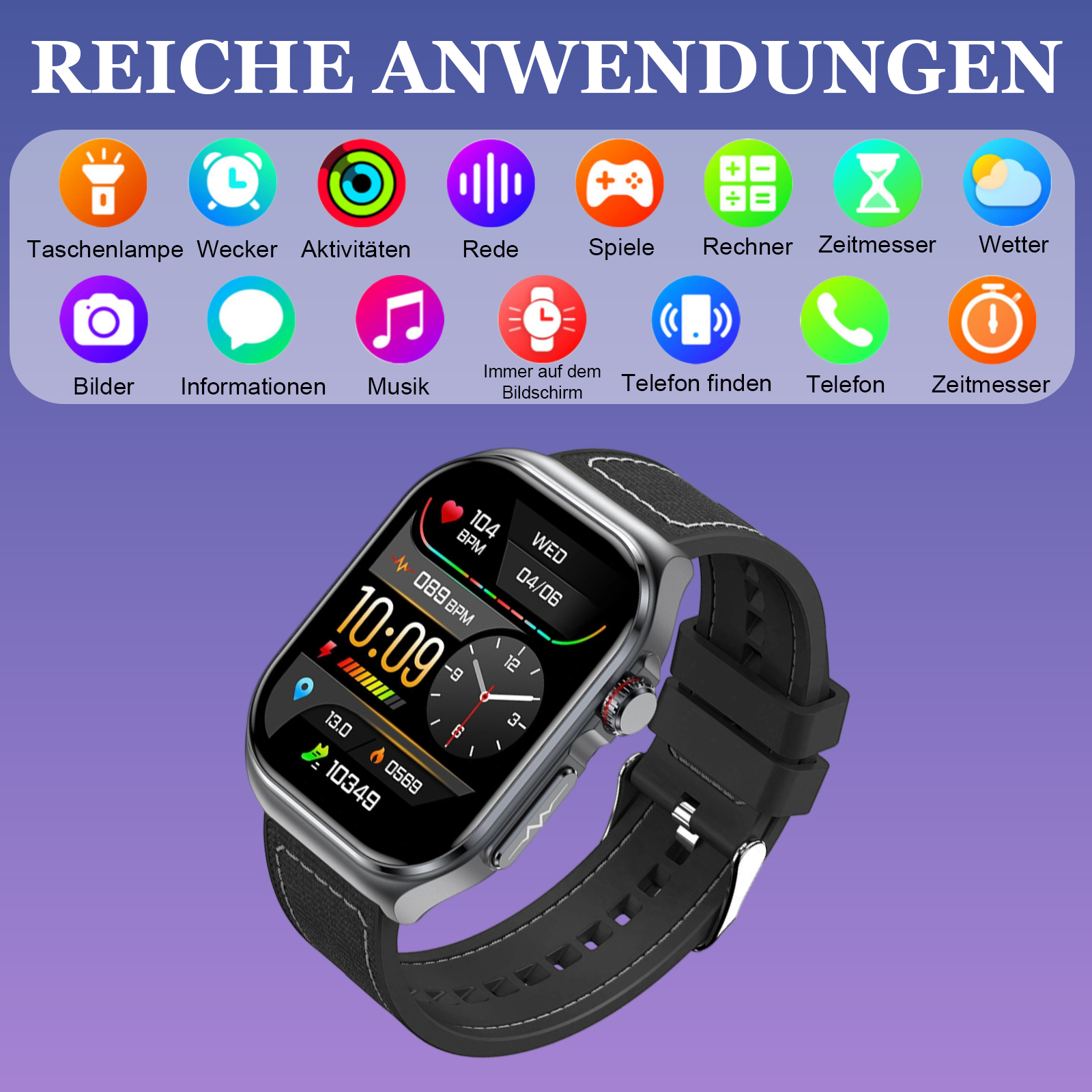 Eine Smartwatch mit schwarzem Armband zeigt Zeit und Gesundheitsdaten an. Mehrere Symbole befinden sich über dem Bildschirm.