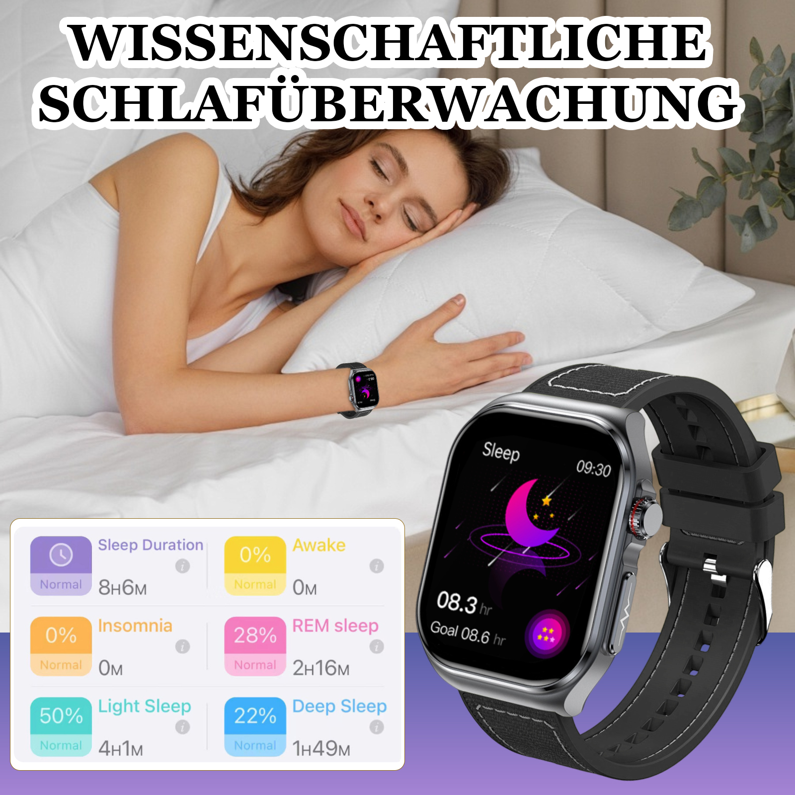 Eine Frau schläft neben einer Smartwatch, die Schlafdaten anzeigt. Schlafdetails sind unter der Uhr aufgelistet.