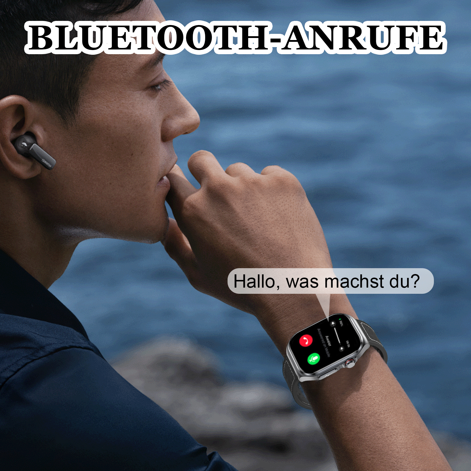 Ein Mann mit Ohrhörern trägt eine Smartwatch und scheint zu telefonieren. Textblasen sind vorhanden.
