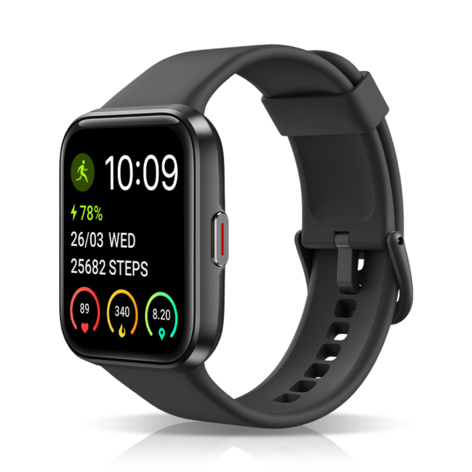 Eine schwarze Smartwatch mit quadratischem Bildschirm, der Zeit, Schritte, Batterie usw. anzeigt, mit schwarzem Armband.