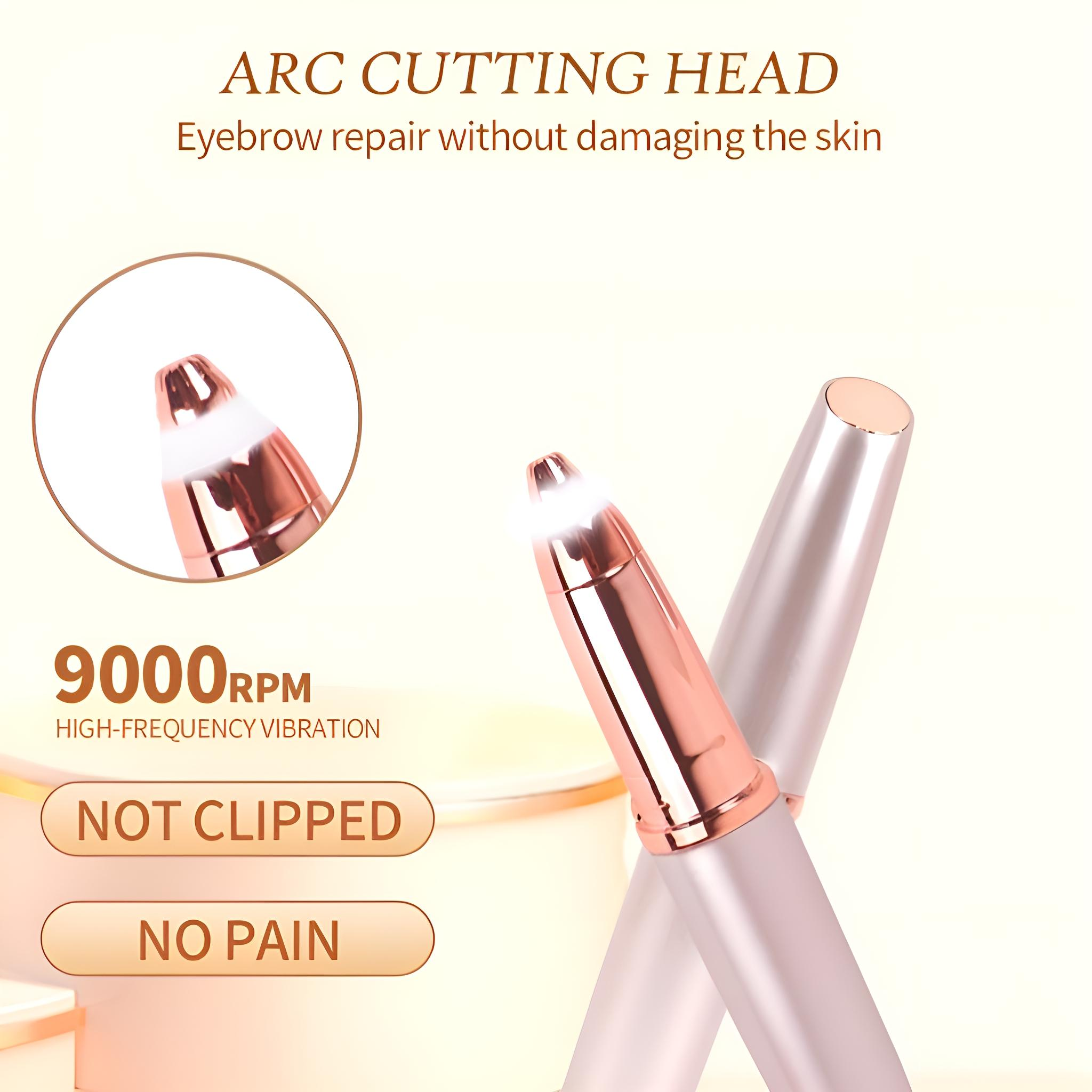 Zwei rosa-goldene Augenbrauen-Trimmer mit Licht an den Spitzen, mit Text über das Produkt.