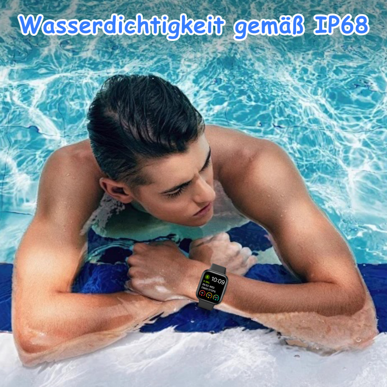 Ein Mann mit einer Smartwatch in einem Schwimmbecken. Die Uhr zeigt Zeit und Gesundheitsdaten. Blauer Wasserhintergrund.