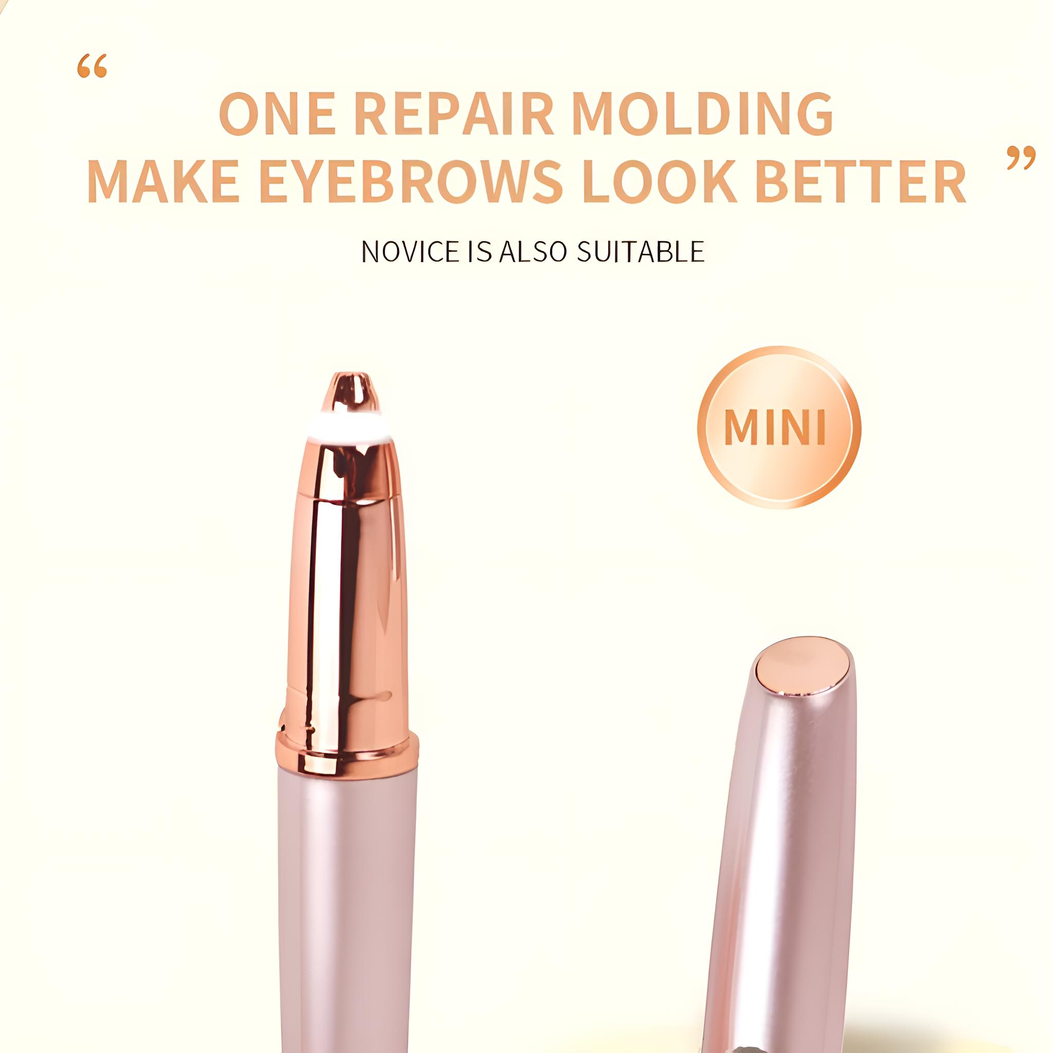 Kleiner rosa Augenbrauen-Trimmer mit roségoldfarbenen Akzenten und Kappe. Text: "ONE REPAIR MOLDING MAKE EYEBROWS LOOK BETTER".