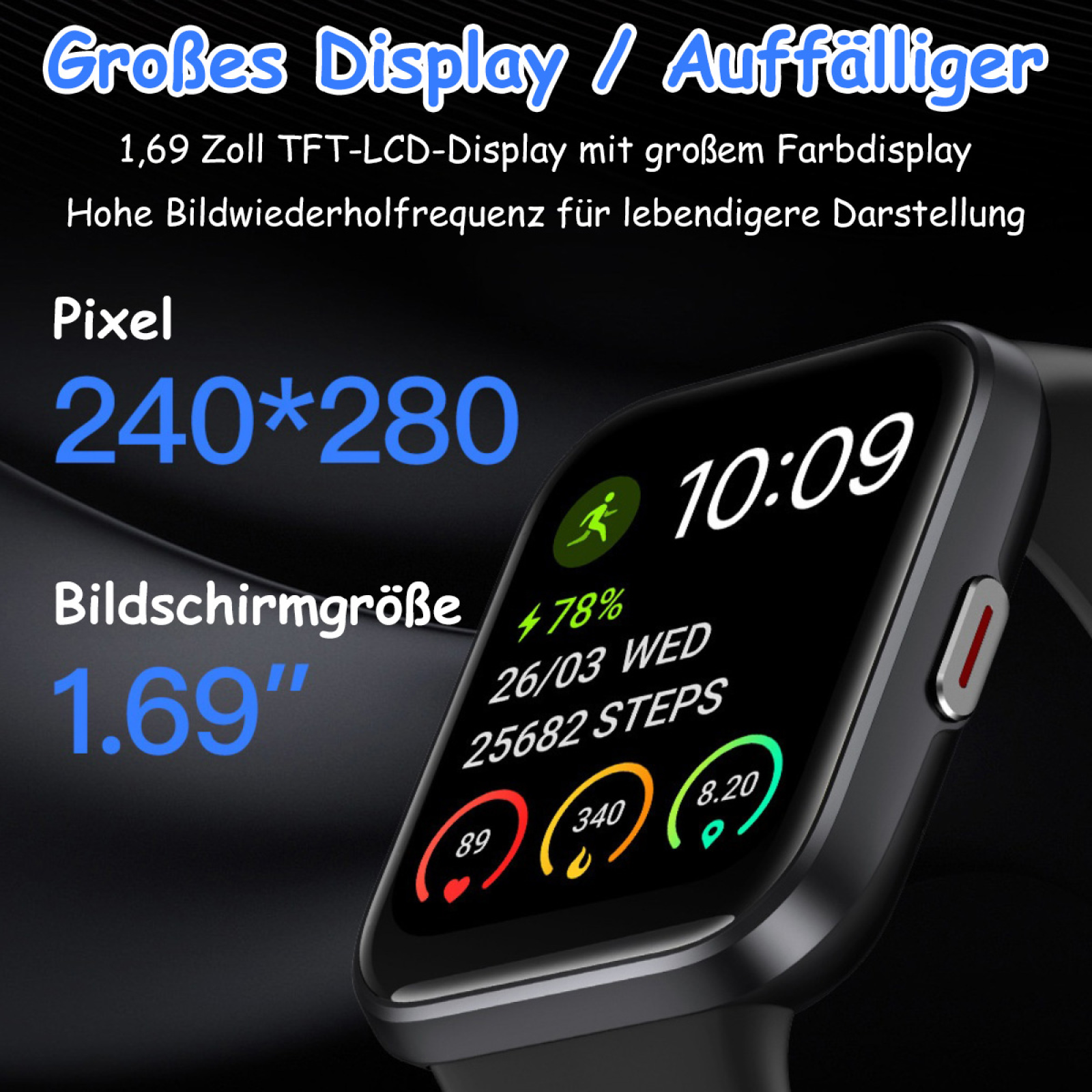 Ein Smartwatch-Bildschirm zeigt Zeit, Datum, Schritte und Herzfrequenz. Text: "Großes Display / Auffälliger".