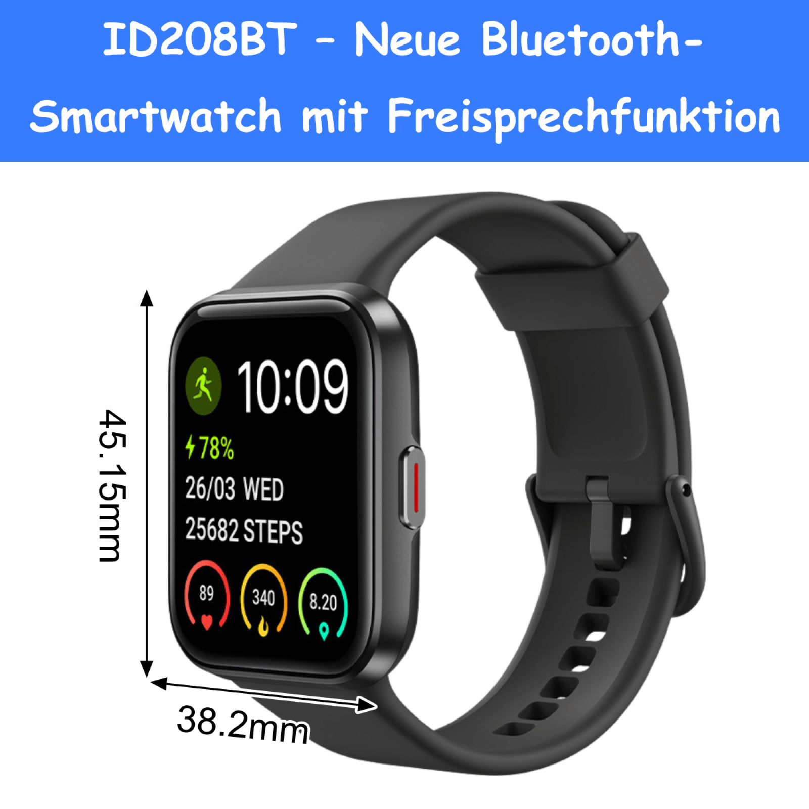 Schwarze Smartwatch mit Digitalanzeige, die Zeit, Schritte und Herzfrequenz anzeigt. Sie hat ein schwarzes Armband und eine rote Taste.