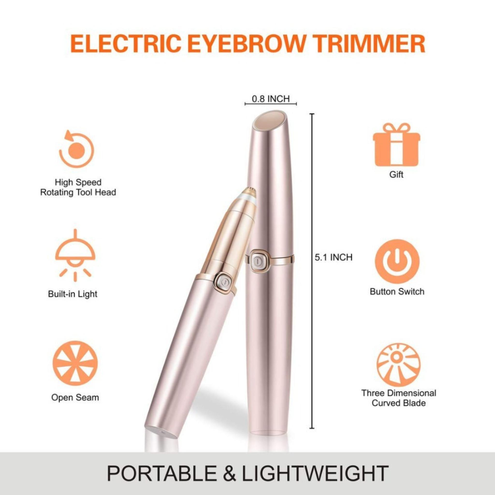 Ein elektrisches Augenbrauentrimmer-Set. Zwei Trimmer, einer offen, nebeneinander. Text beschreibt Funktionen und Abmessungen.