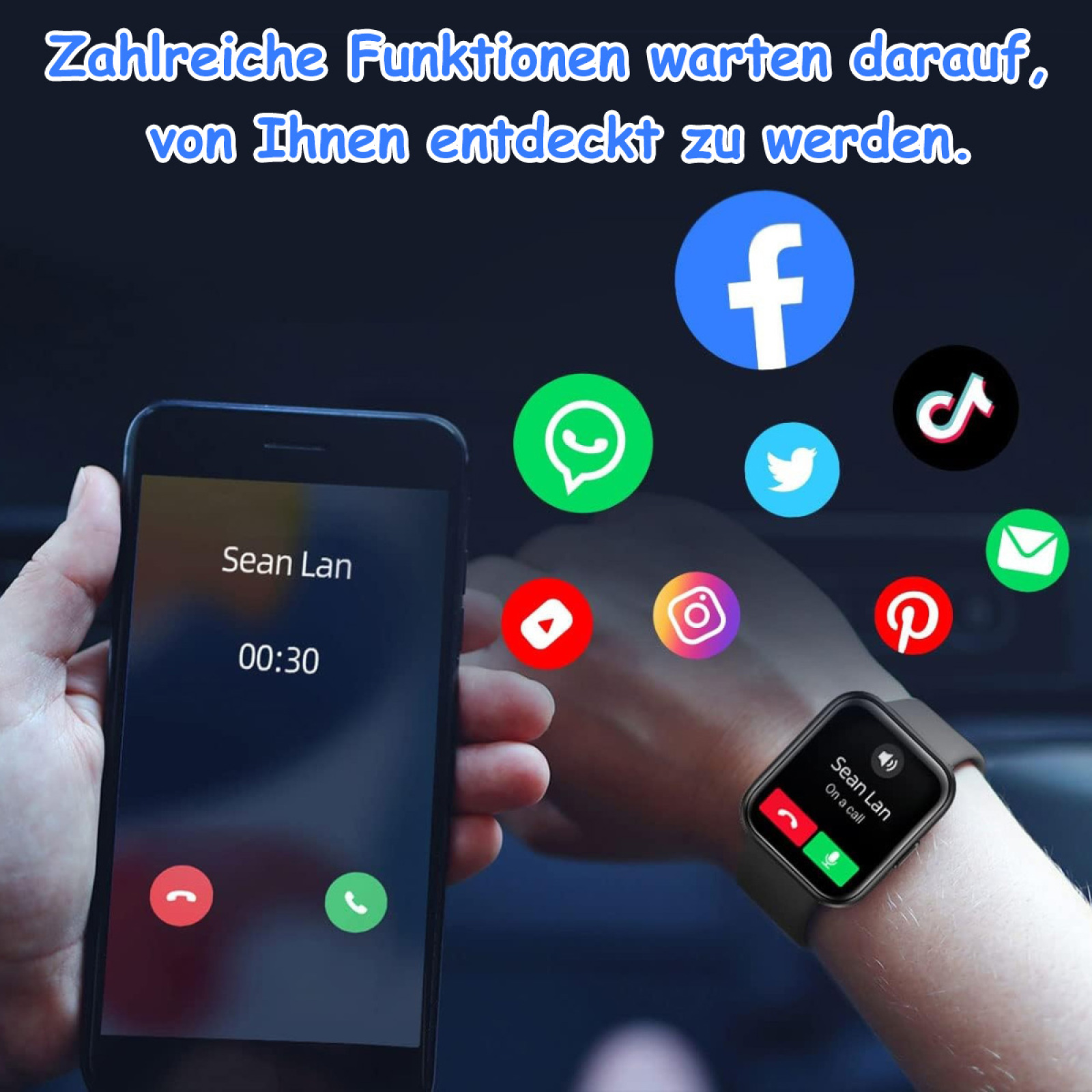 Ein Handgelenk zeigt eine Smartwatch, die einen Anruf von 'Sean Lan' anzeigt. Social-Media-Symbole umgeben die Uhr.