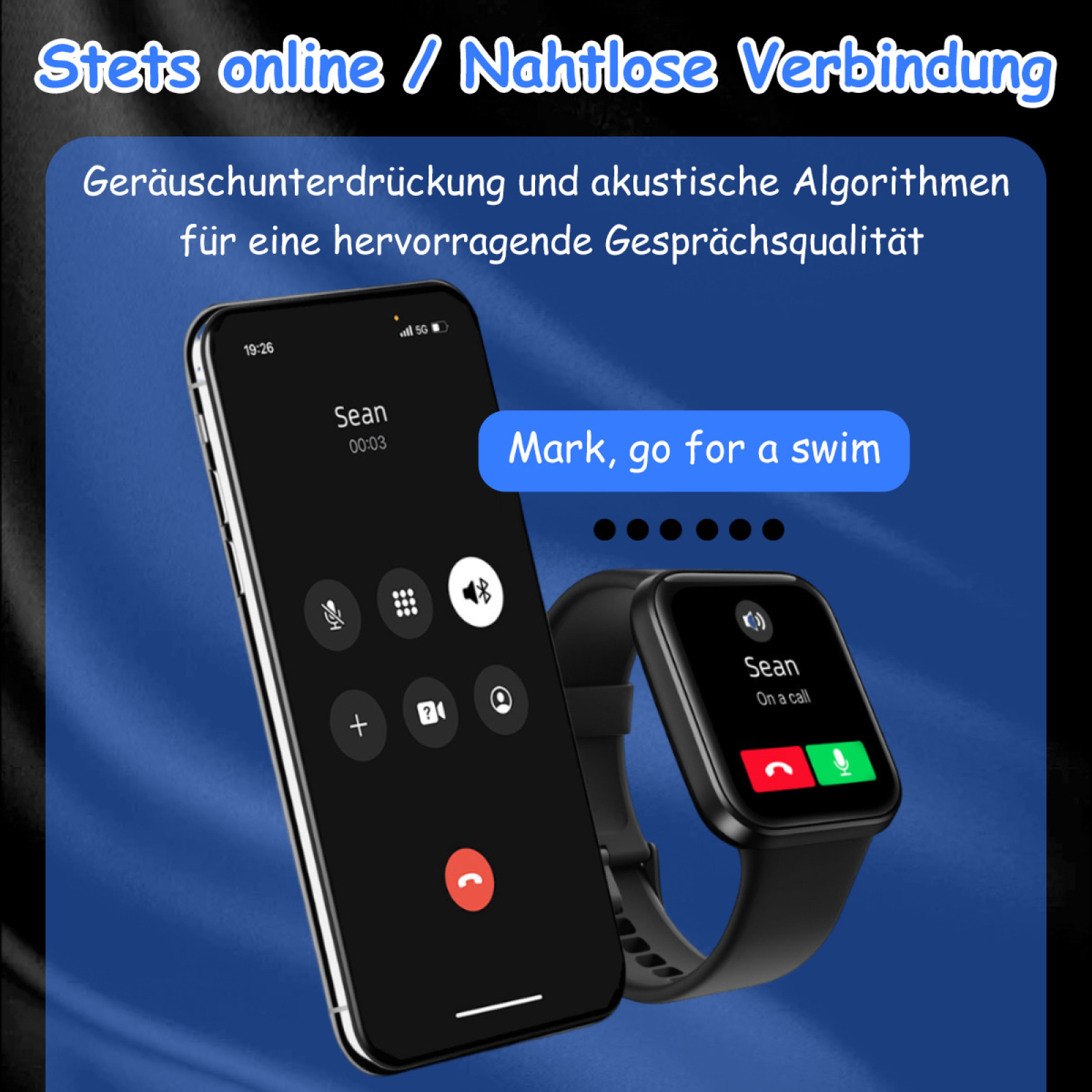 Ein Smartphone zeigt einen Anrufbildschirm, eine Smartwatch zeigt denselben Anruf. Text: "Mark, go for a swim" ist sichtbar.