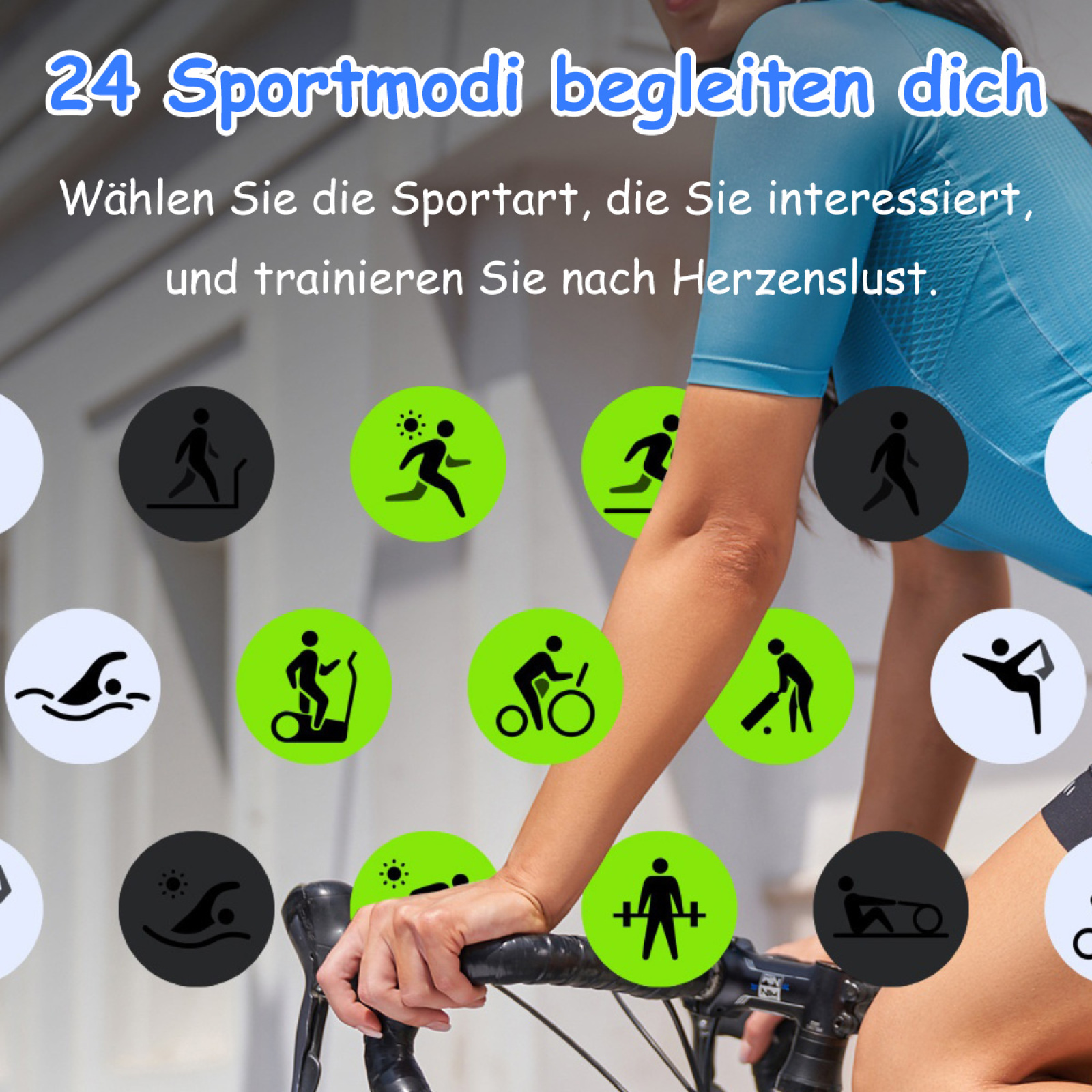 Eine Frau auf einem Fahrrad ist von Symbolen umgeben, die verschiedene sportliche Aktivitäten darstellen. Der Hintergrund ist ein blauer Himmel.