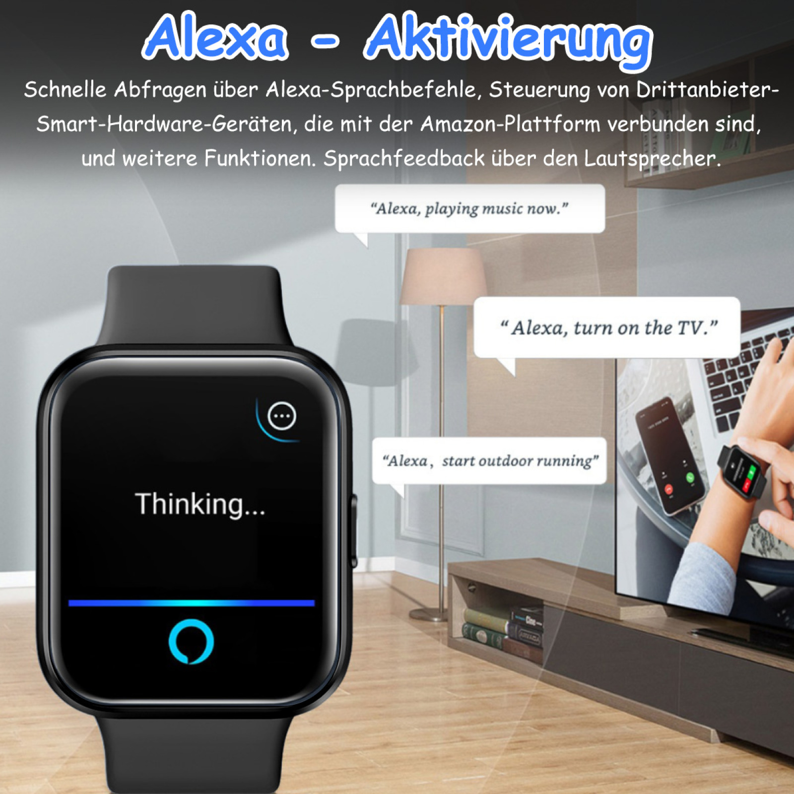 Eine Smartwatch zeigt Alexa-Befehle an. Die Uhr zeigt eine Denk-Animation. Eine Person nutzt Alexa auf einem Fernseher.