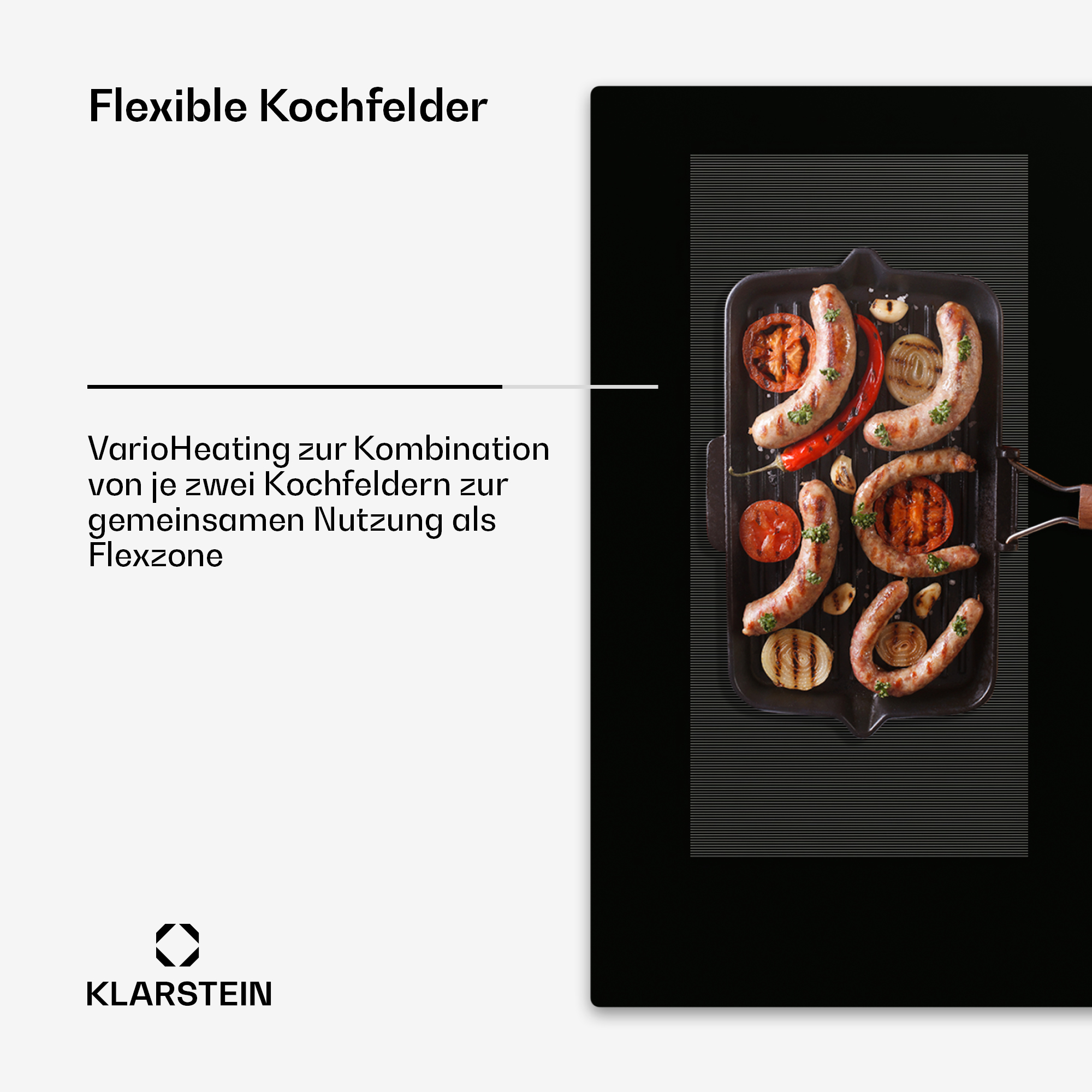 Schwarzes Induktionskochfeld mit Essen, Text links, Klarstein-Logo.