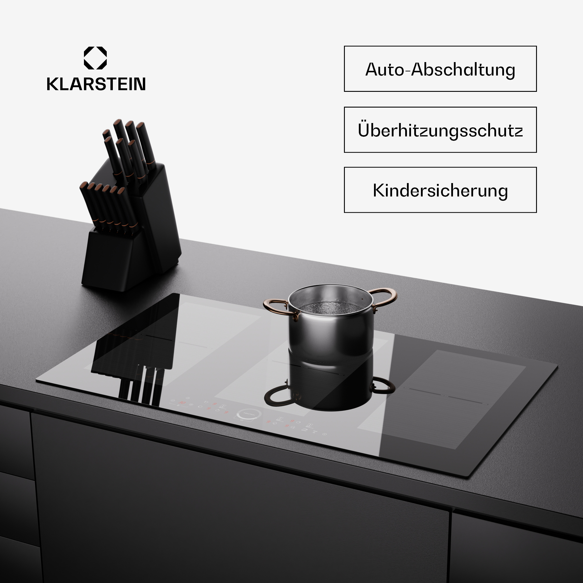 Ein Induktionskochfeld mit einem Topf darauf. Text beschreibt Sicherheitsmerkmale und ein Messerblock befindet sich links.