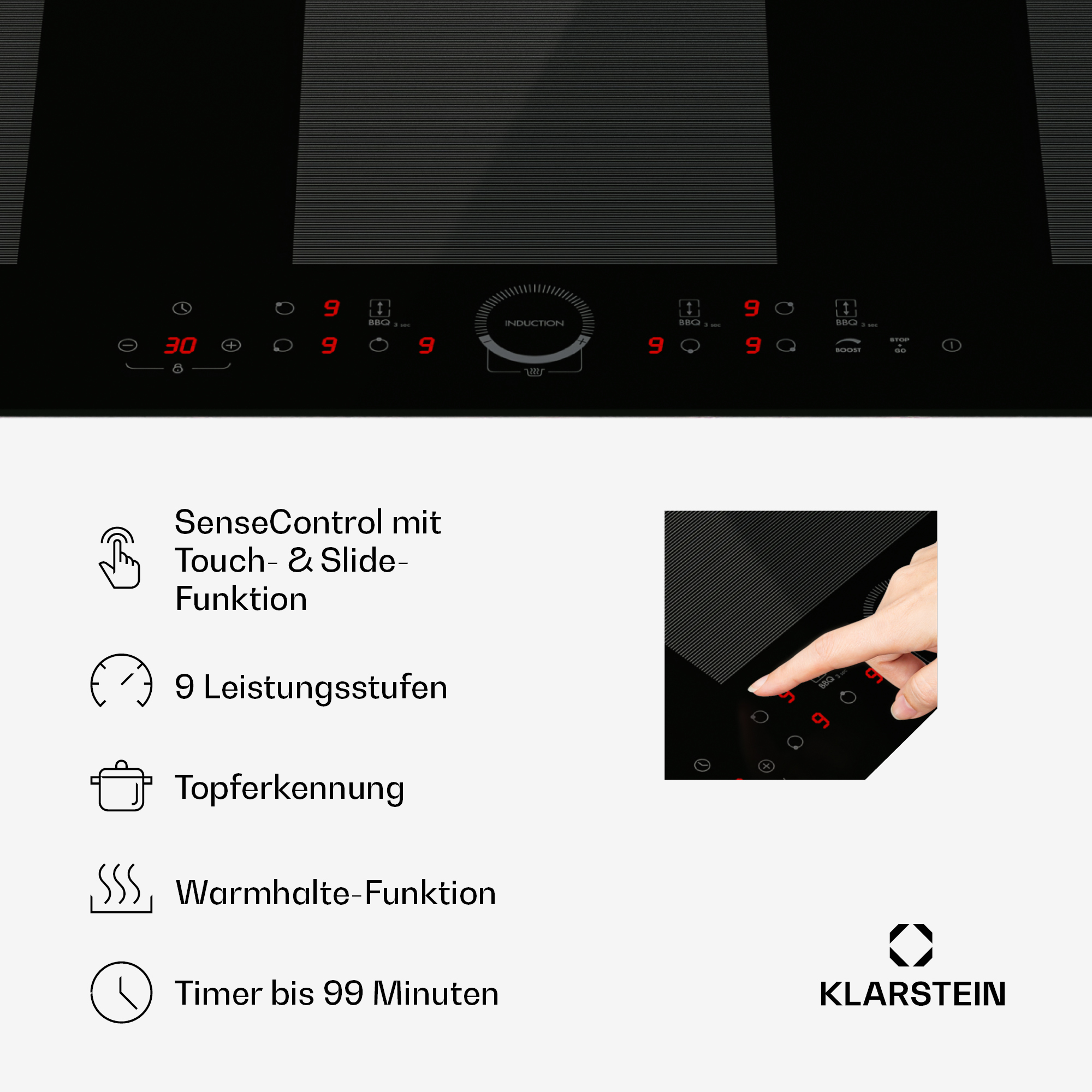 Schwarzes Induktionskochfeld mit Touch-Bedienelementen, Hand berührt eine Einstellung, Text.