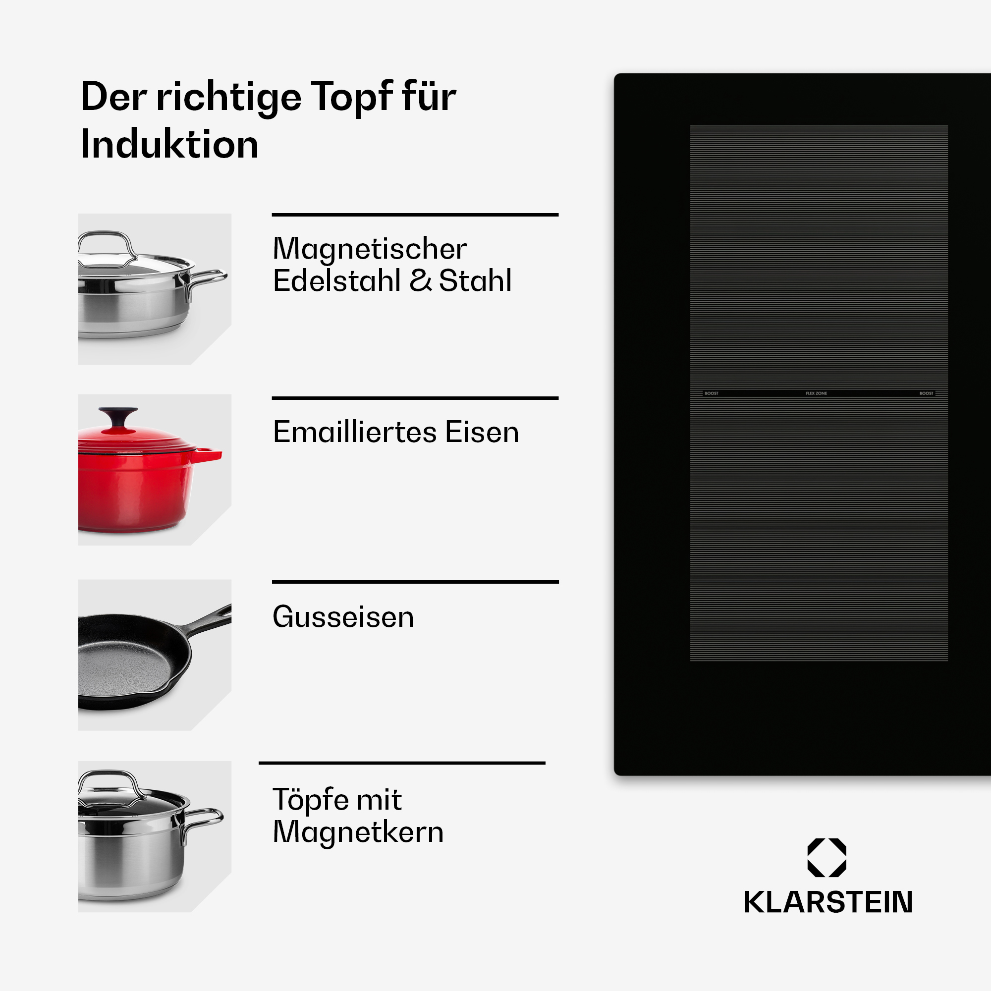 Ein Induktionskochfeld mit Bildern von Töpfen. Text erklärt die besten Töpfe für Induktionskochen, wie Edelstahl und Gusseisen.