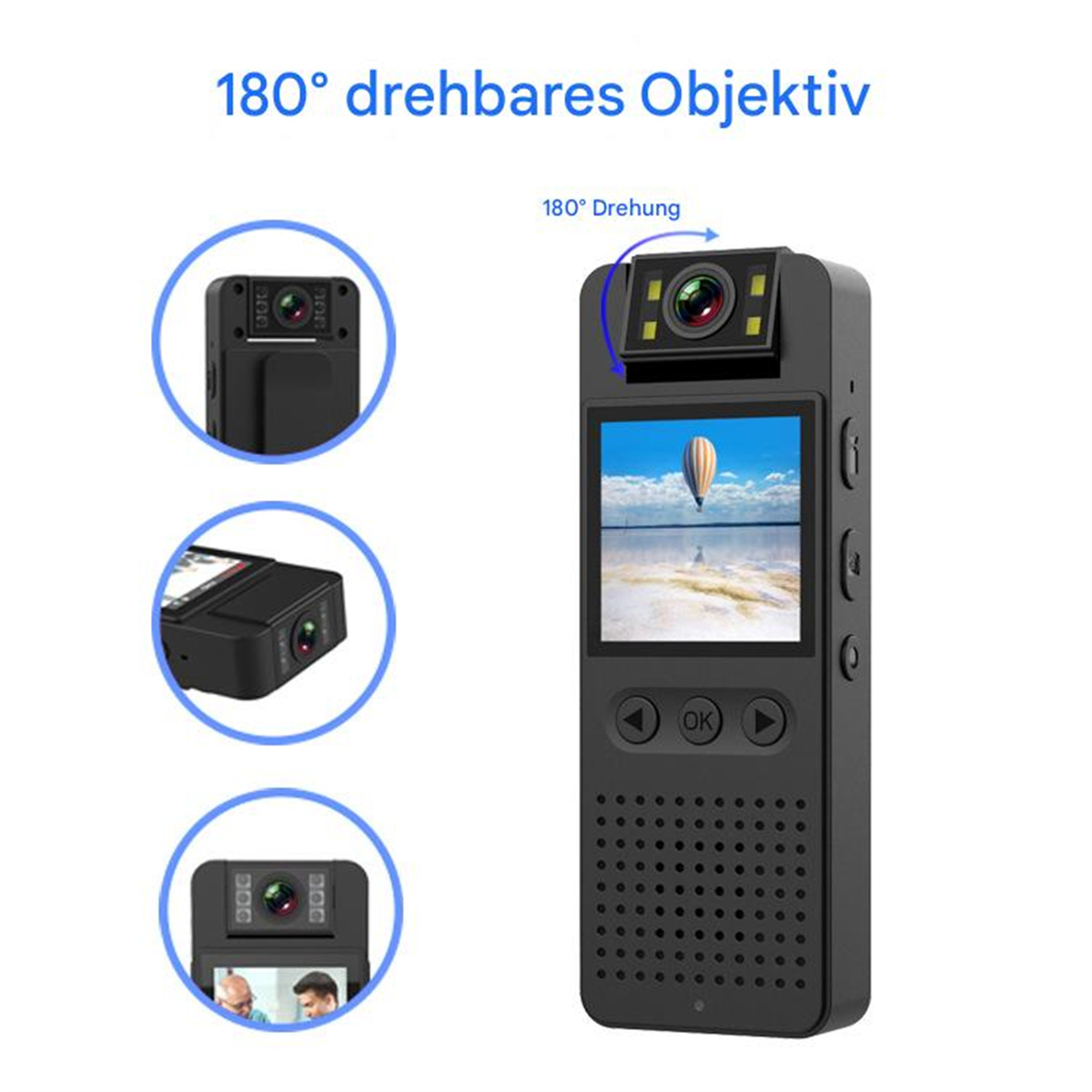 Eine kleine, schwarze, rechteckige Kamera mit drehbarem Objektiv und Bildschirm. Verschiedene Ansichten und Funktionen werden hervorgehoben.