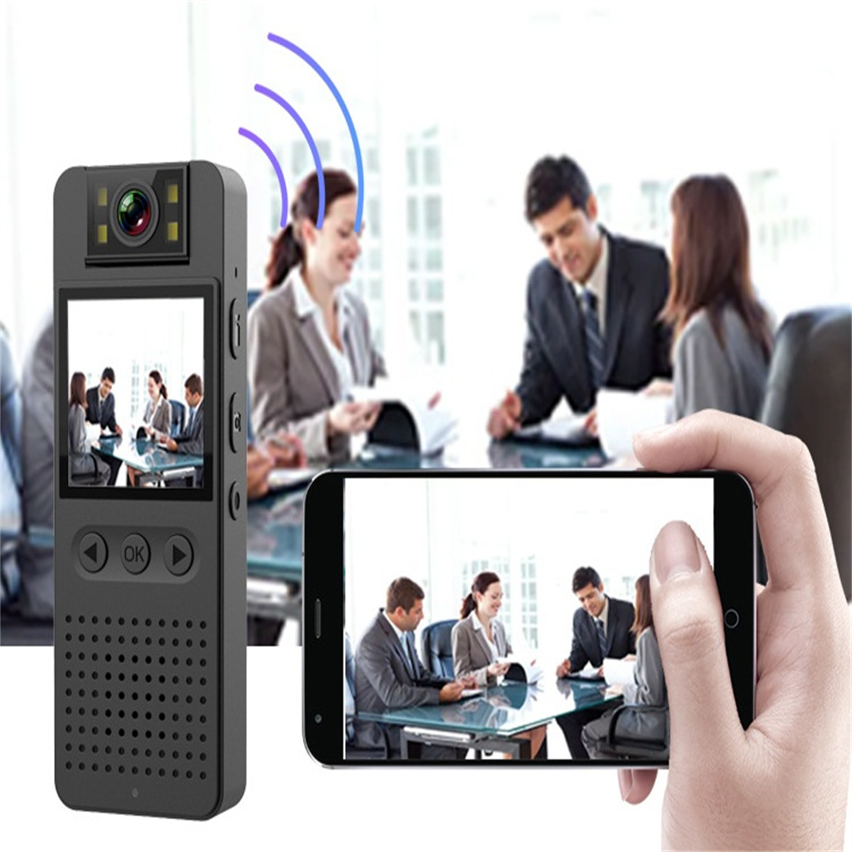 Ein kleines schwarzes Gerät mit einem Bildschirm, der ein Meeting zeigt. Eine Person hält ein Telefon, das dasselbe Meeting anzeigt.
